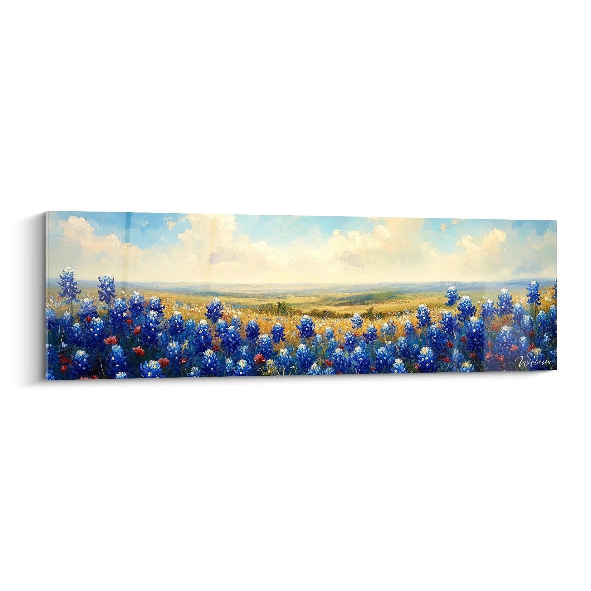 Wandbild Bluebonnets Texas Wildblumenfeld mit blauen Lupinen und goldenem Himmel panorama