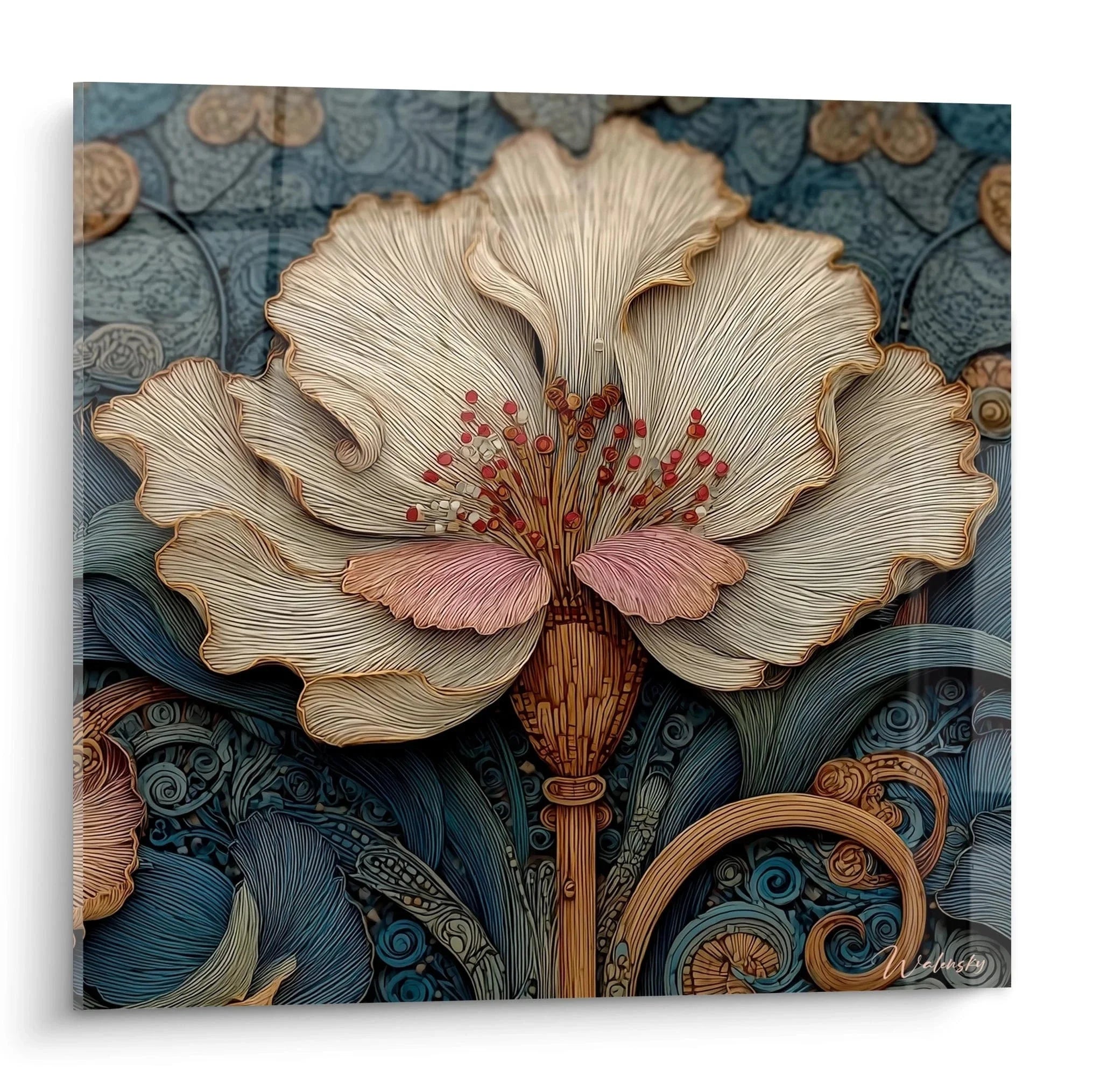 Wandbild goldene Blüte Jugendstil mit ornamentalen Art Nouveau Elementen und blauen Hintergrundmustern