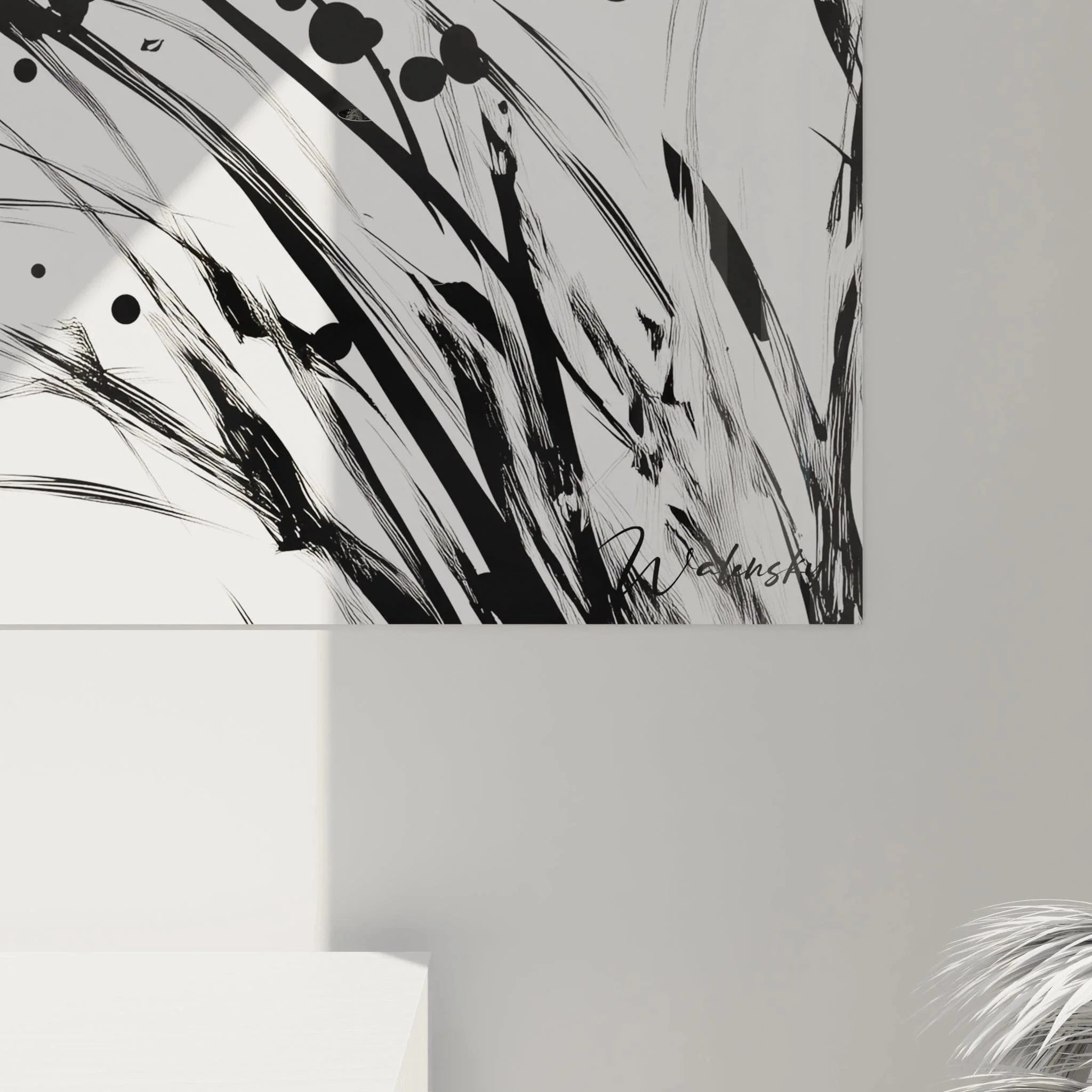 Gesamtansicht modernes Wandbild abstrakte Blumen Schwarz-Weiß für stilvolle Raumgestaltung