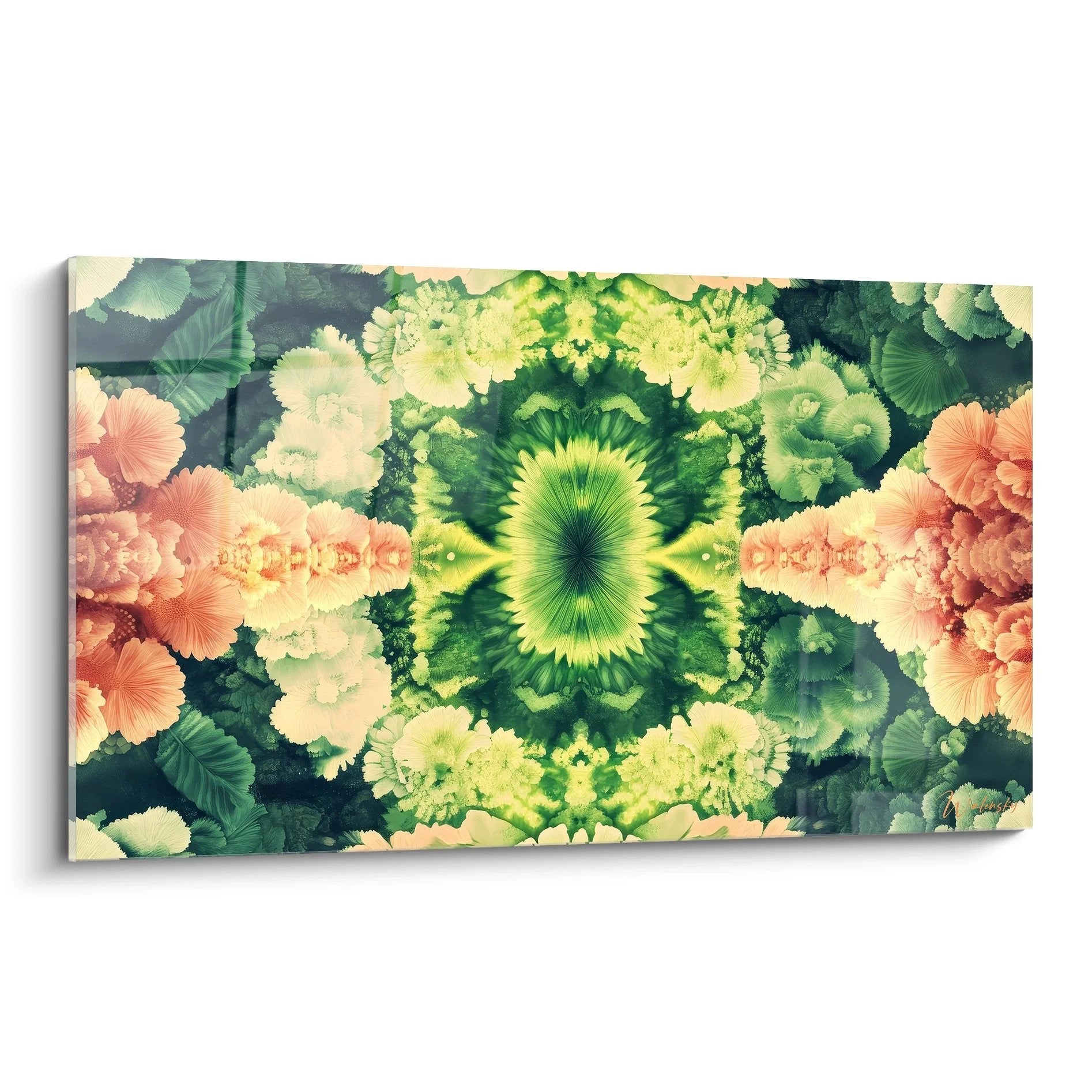 Wandbild Blütenmandala mit tropischen Hibiskusblüten in grün-korall Fraktal Design - Edition Fraktal