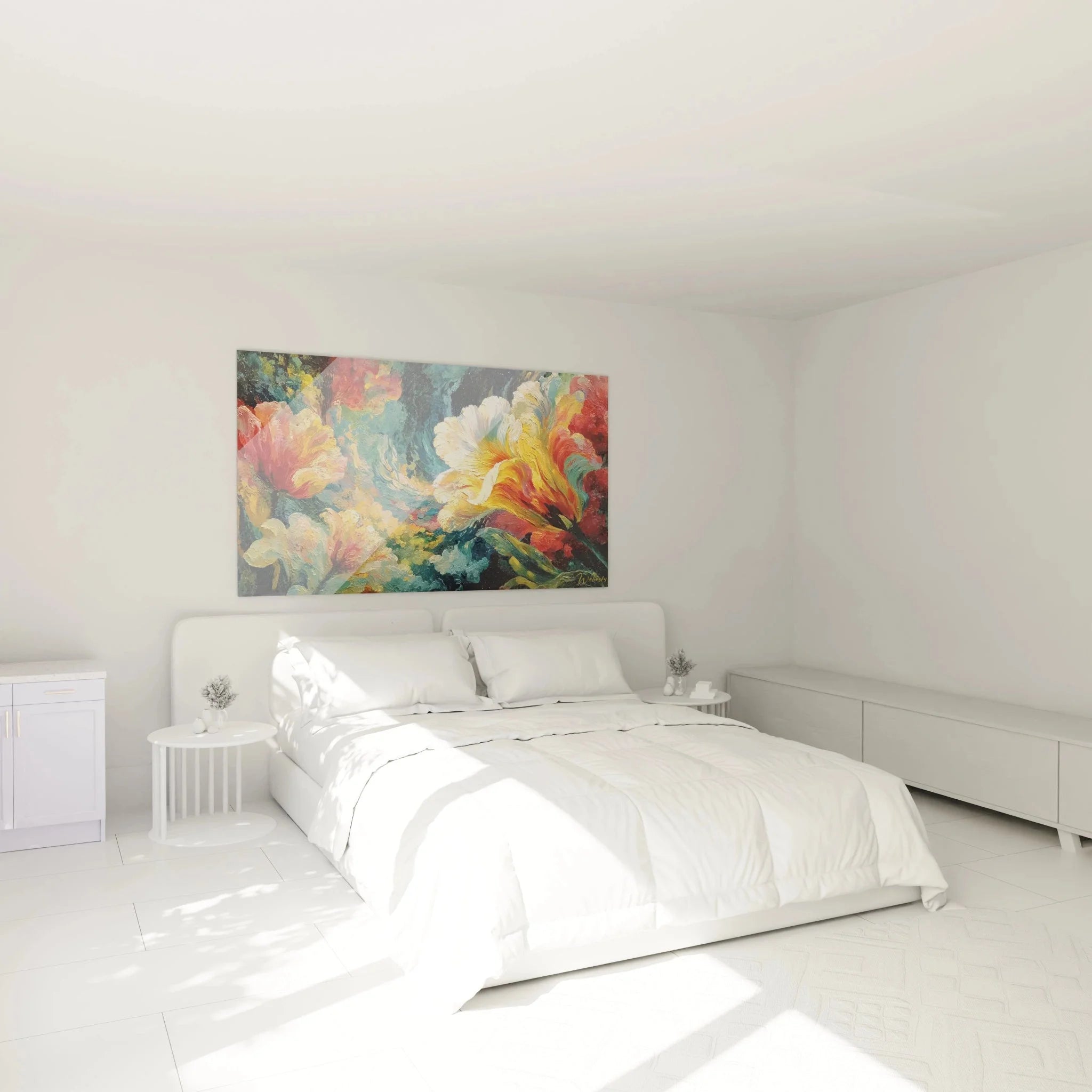 Barockes Wandbild Blütenpracht in elegantem Schlafzimmer als stilvolle Wanddekoration