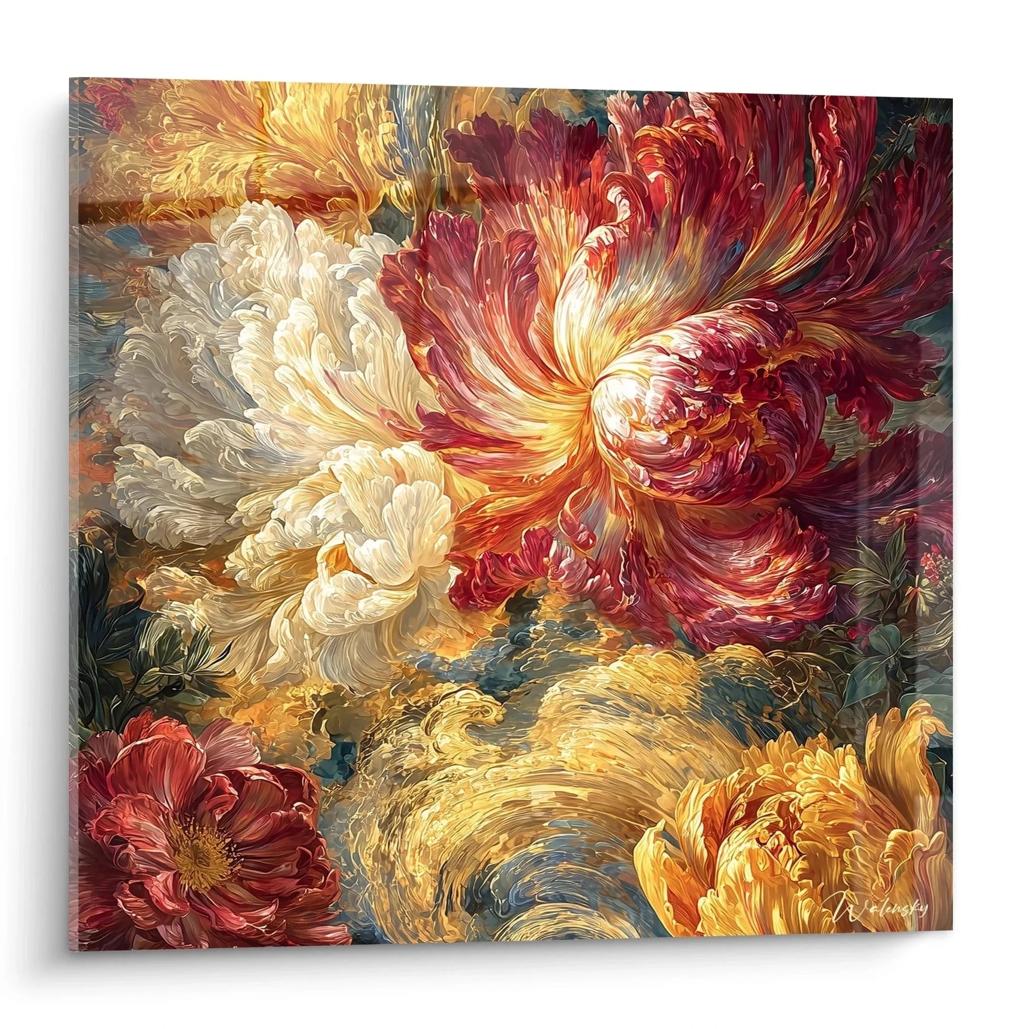 Wandbild Blumen Barock - Prachtvolle goldene und rote Blütenmotive im barocken Stil für elegante Wandgestaltung