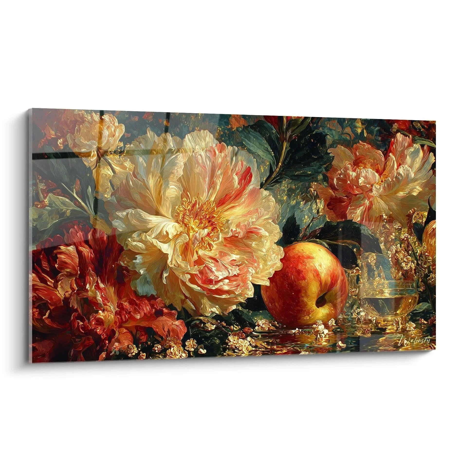 Wandbild Blumen Stillleben Barock mit prächtigen Pfingstrosen in Gold und Rot auf Leinwand