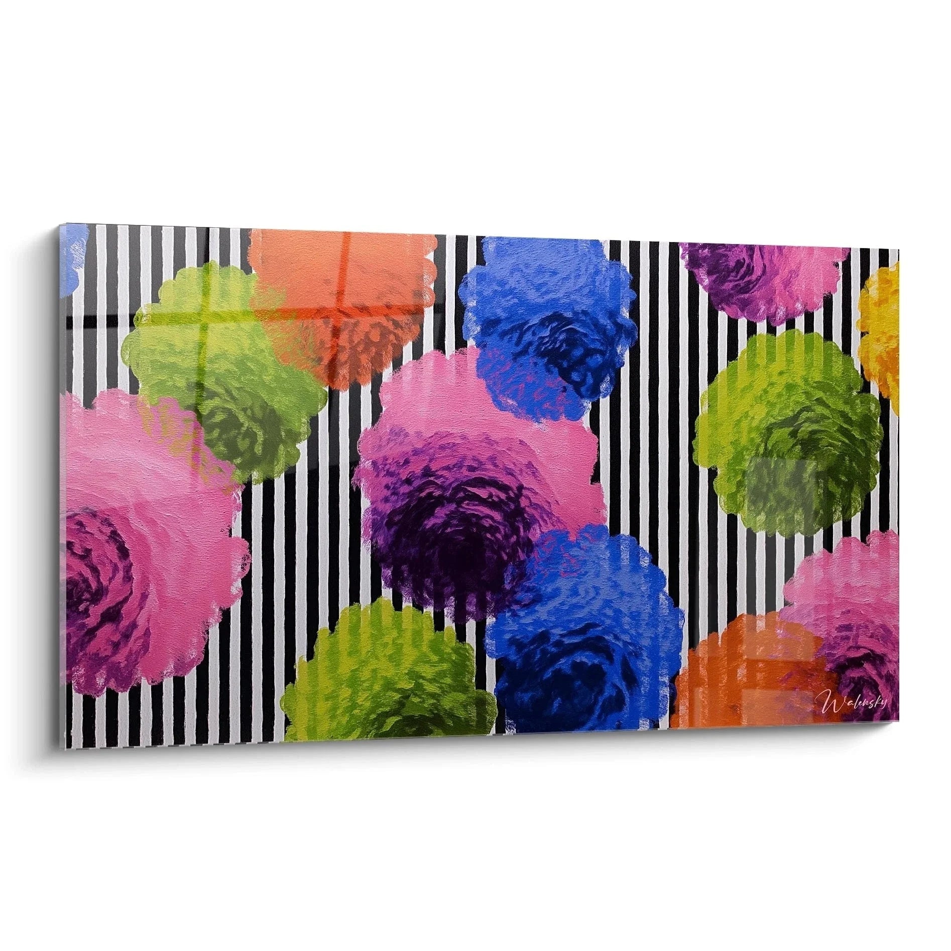 Wandbild Blumen Streifen Op Art mit bunten abstrakten Blüten auf schwarz-weißem Hintergrund