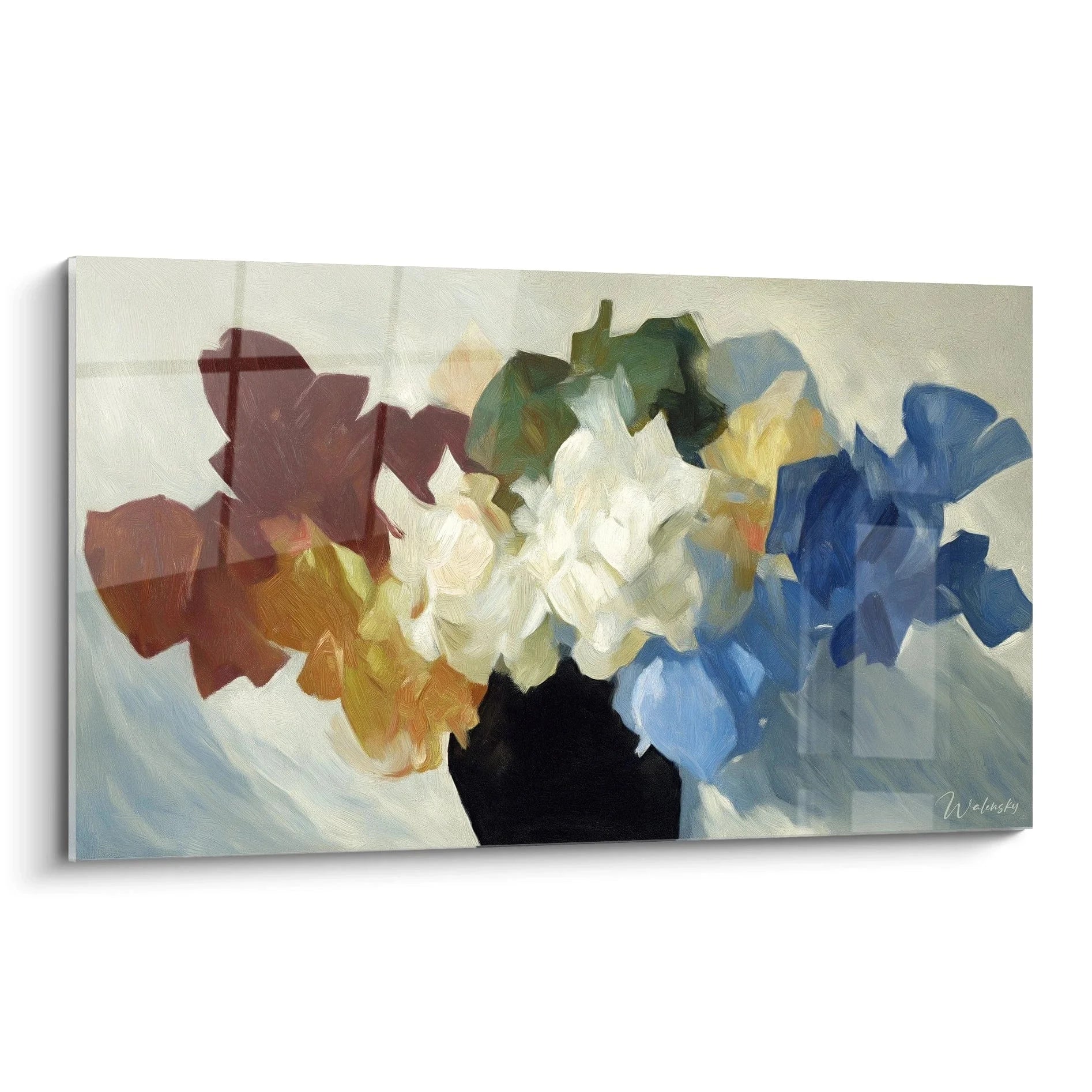 Abstraktes Wandbild Blumenstrauß in dadaistischem Stil mit bunten Blüten in schwarzer Vase