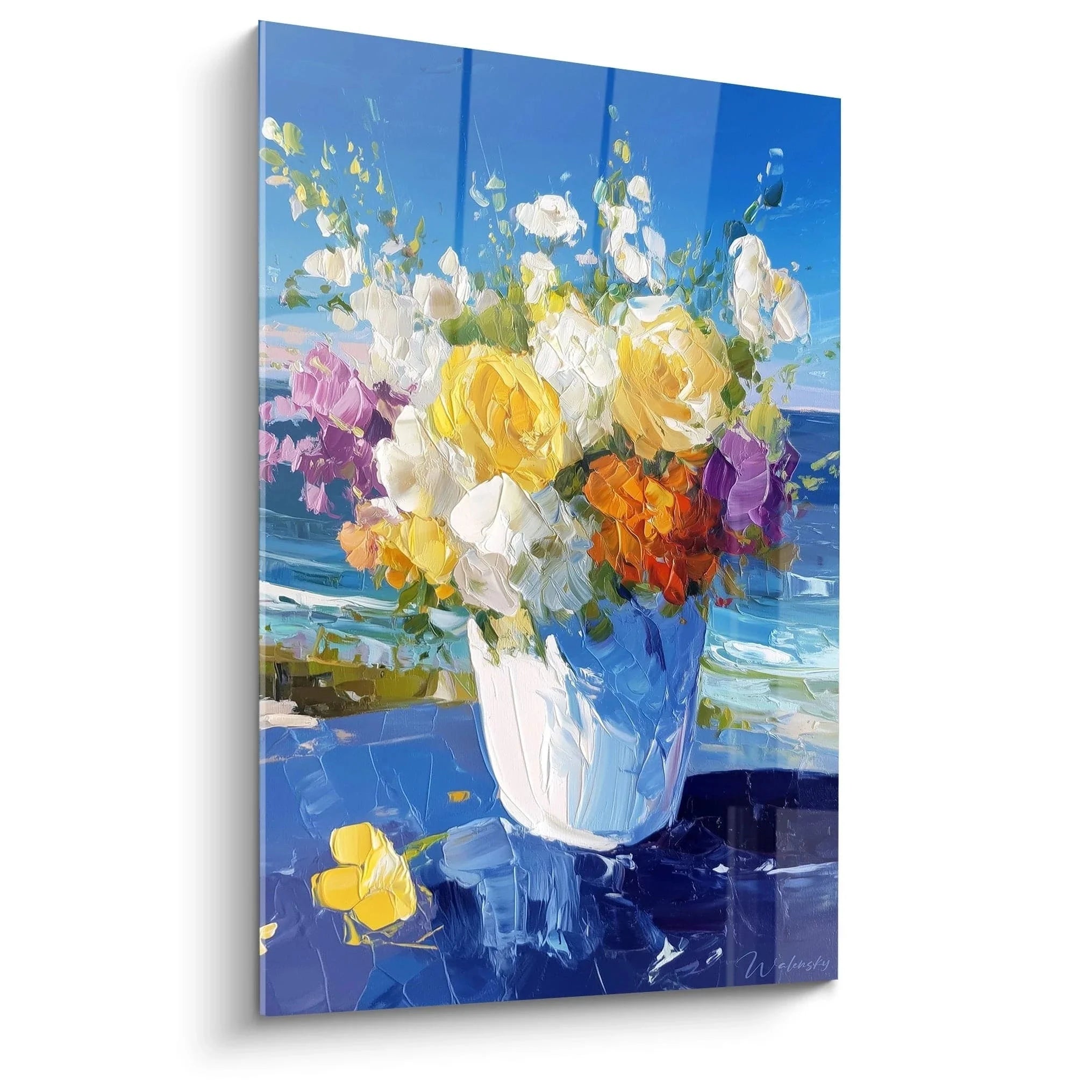 Wandbild Blumenstrauß impressionistisch mit bunten Blüten in weißer Vase auf blauem Hintergrund