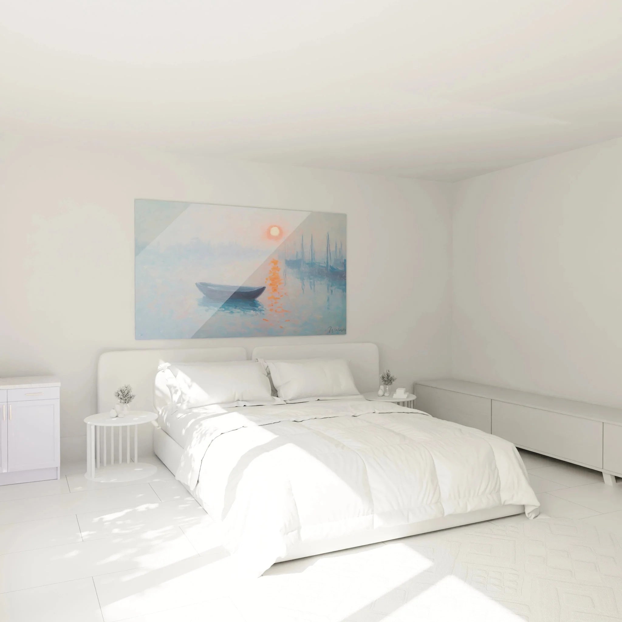Wandbild Boot Nebel Monet im Schlafzimmer - Impressionismus Kunstdruck als Wohnzimmer Dekoration