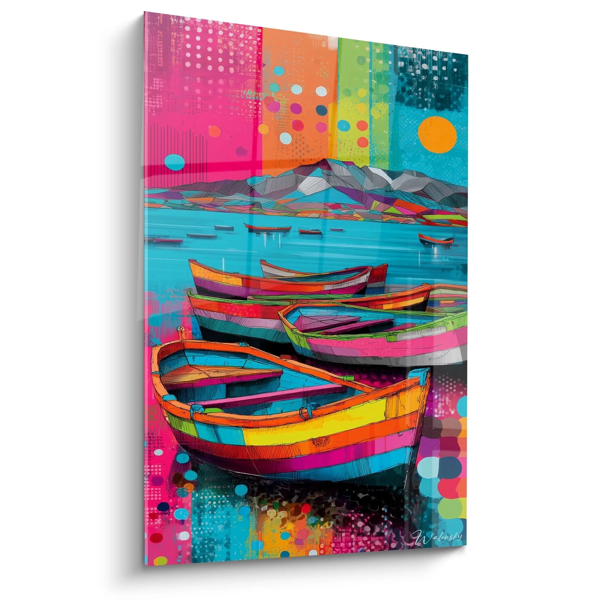 Wandbild bunte Boote am See mit Farbexplosion - Maritime Kunst XXL für moderne Wanddekoration