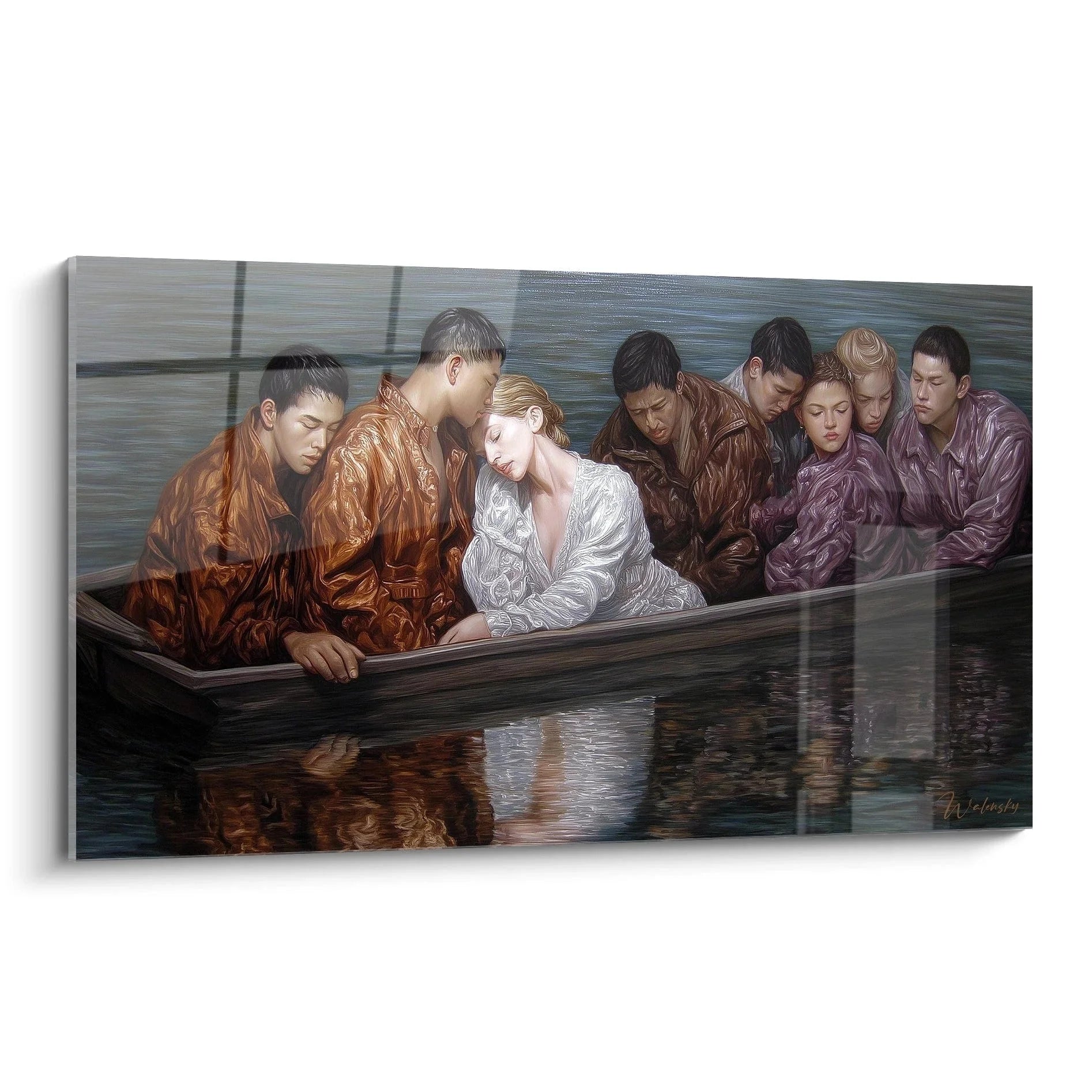 Hyperrealistisches Wandbild zeigt acht Personen in elegantem Boot auf ruhigem Wasser, Edition Hyperrealismus