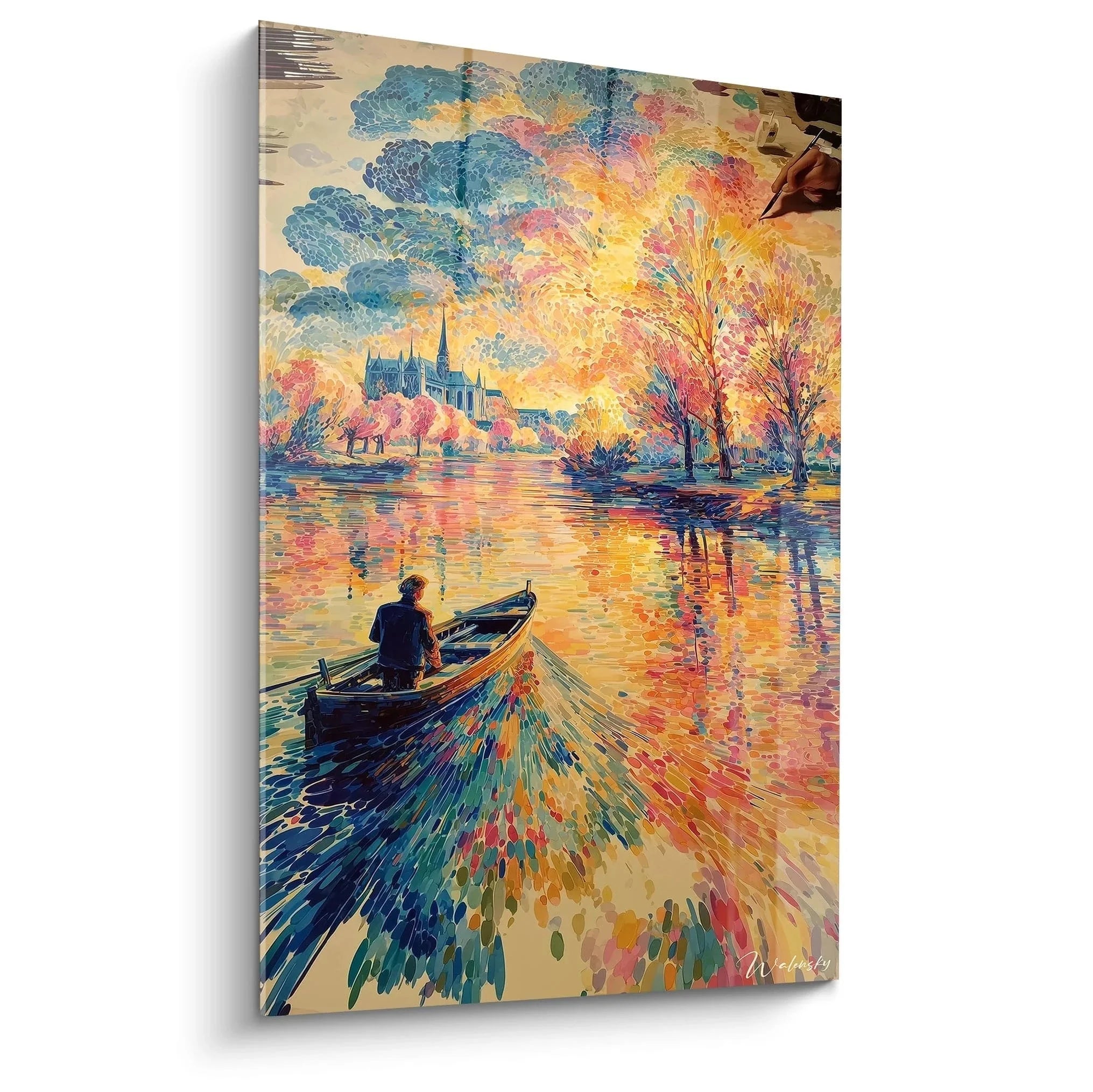 Wandbild Bootsfahrer Herbst Pointillismus mit gotischer Kathedrale und warmem Farbenspiel