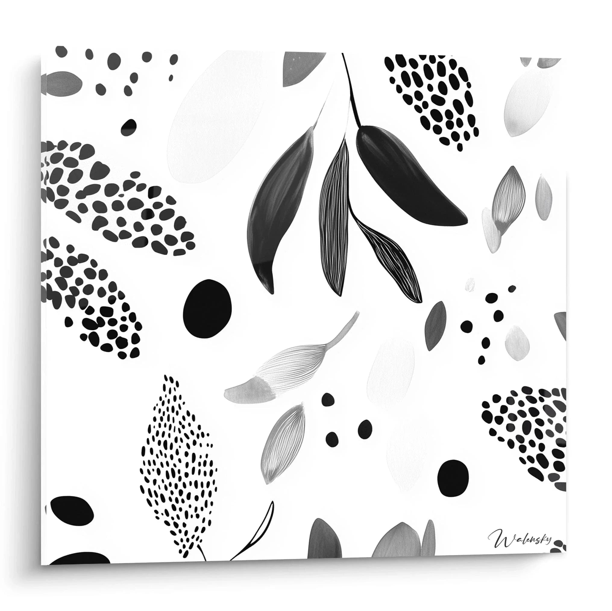Wandbild botanische Motive schwarz-weiß mit abstrakten Blättern und Dalmatiner-Punktmustern für moderne Wanddeko