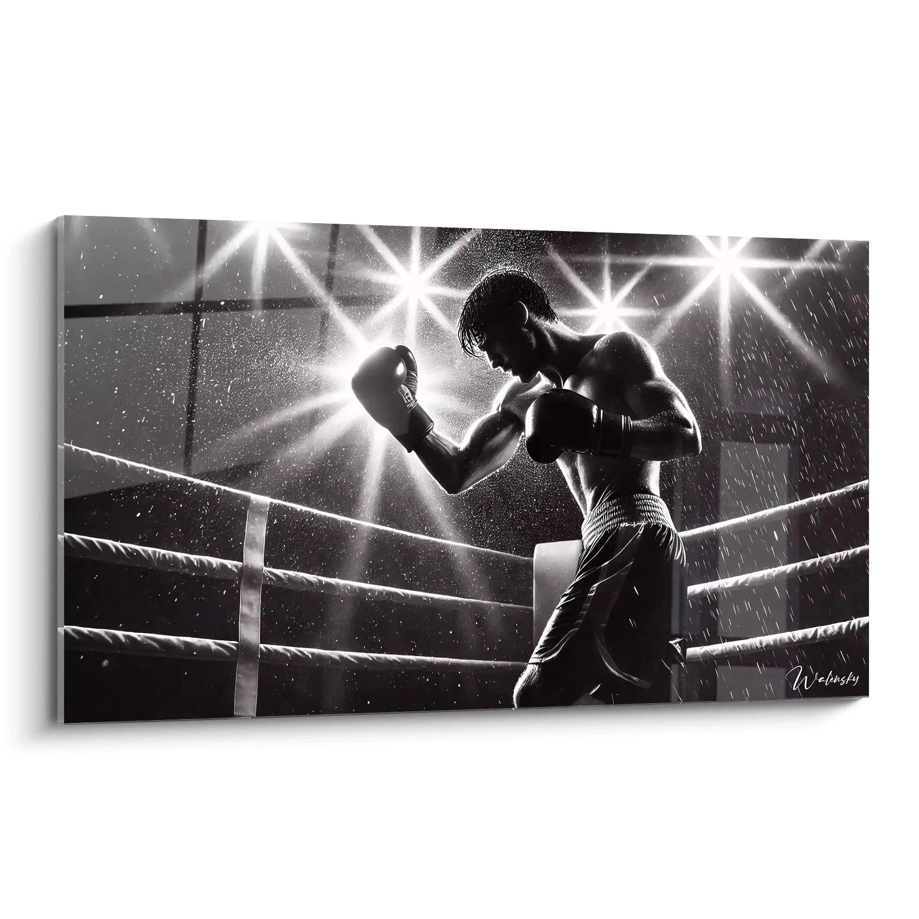 Wandbild Boxsport schwarz weiß zeigt muskulösen Boxer im Ring mit dramatischer Beleuchtung