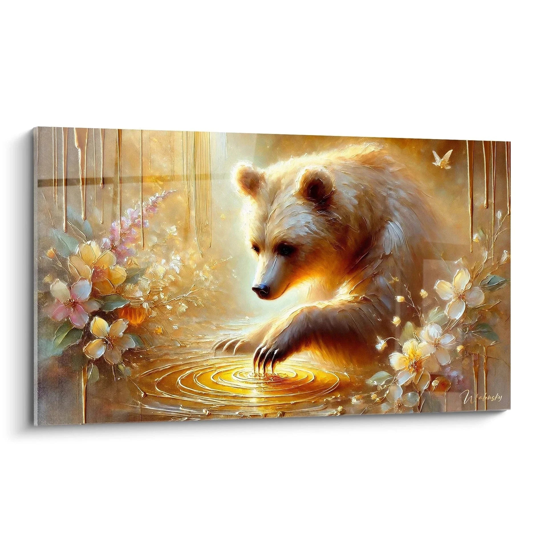 Mystisches Wandbild Braunbär am goldenen Teich mit Kirschblüten in warmen Goldtönen - Edition Braunbär