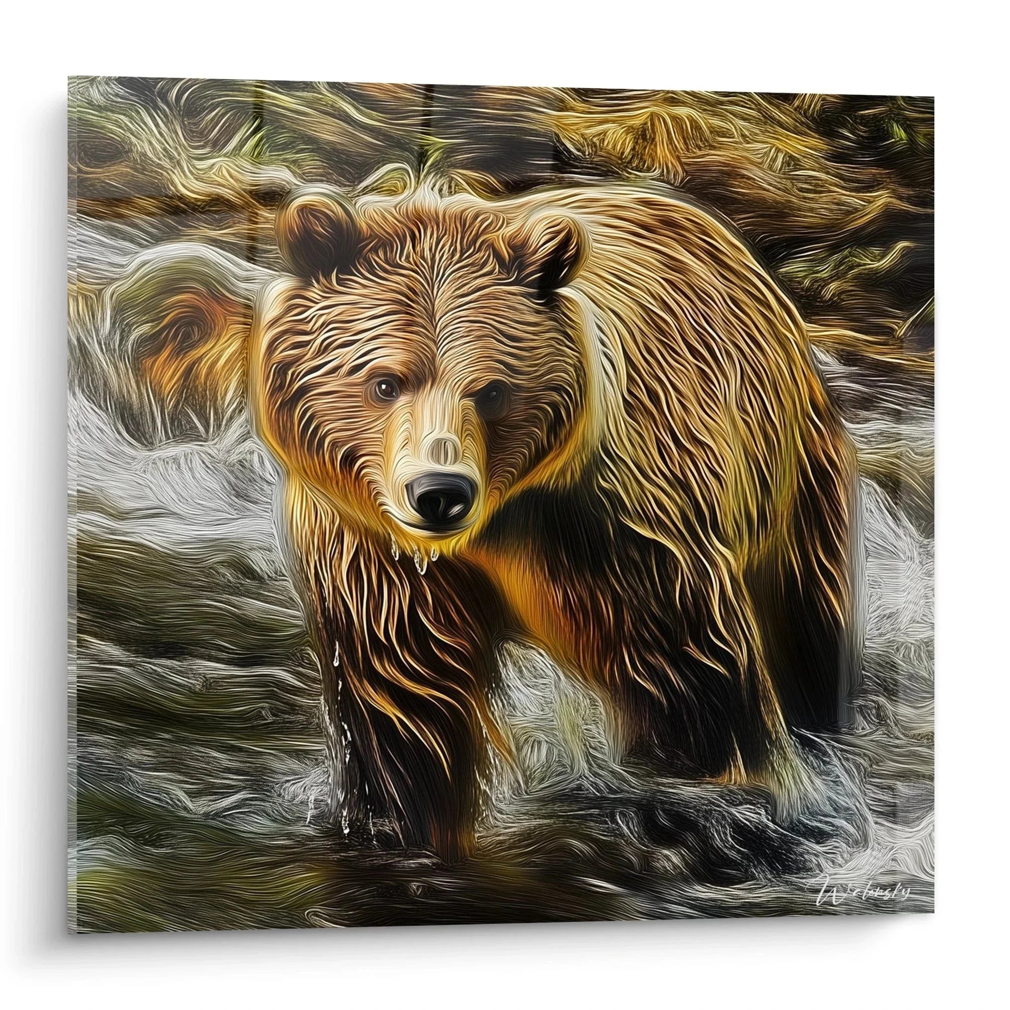 Wandbild Braunbär XXL zeigt majestätischen Grizzly im Wasser mit warmen Brauntönen und künstlerischen Details