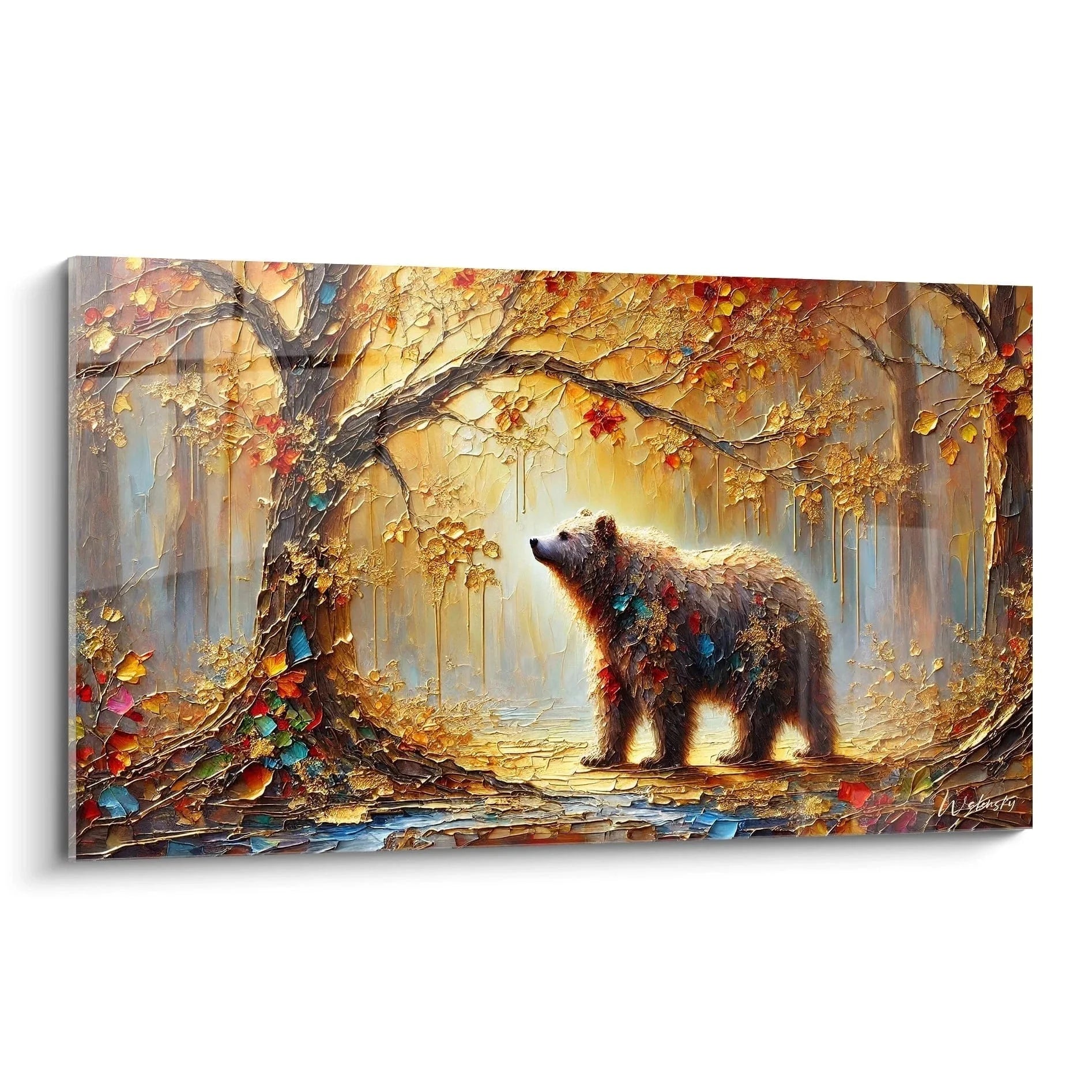 Wandbild Braunbär im herbstlichen Wald mit goldenen Blättern und mystischem Licht