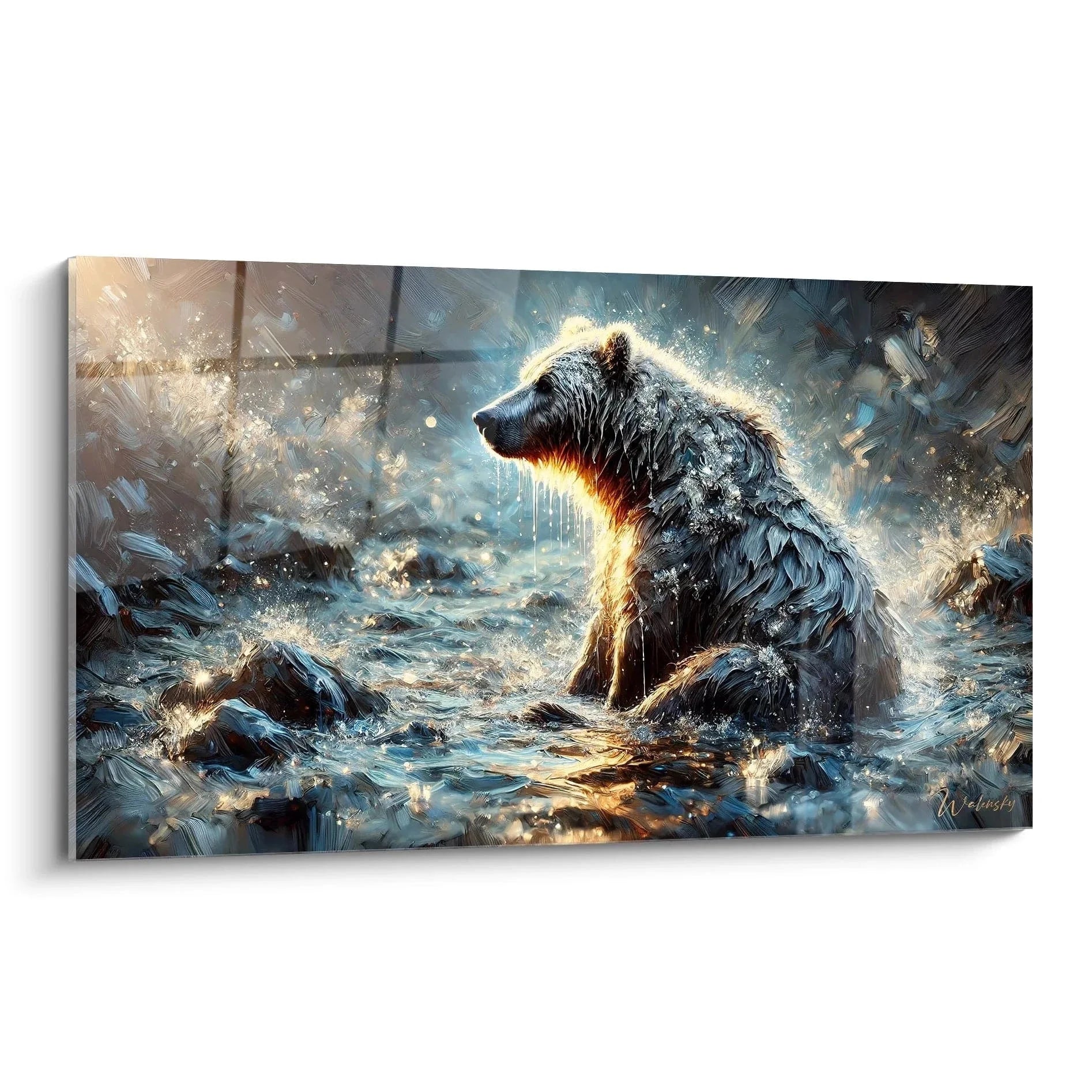 Wandbild Braunbär im Wasser mit dramatischen Lichteffekten und Wassertropfen - Edition Braunbär Kunstdruck