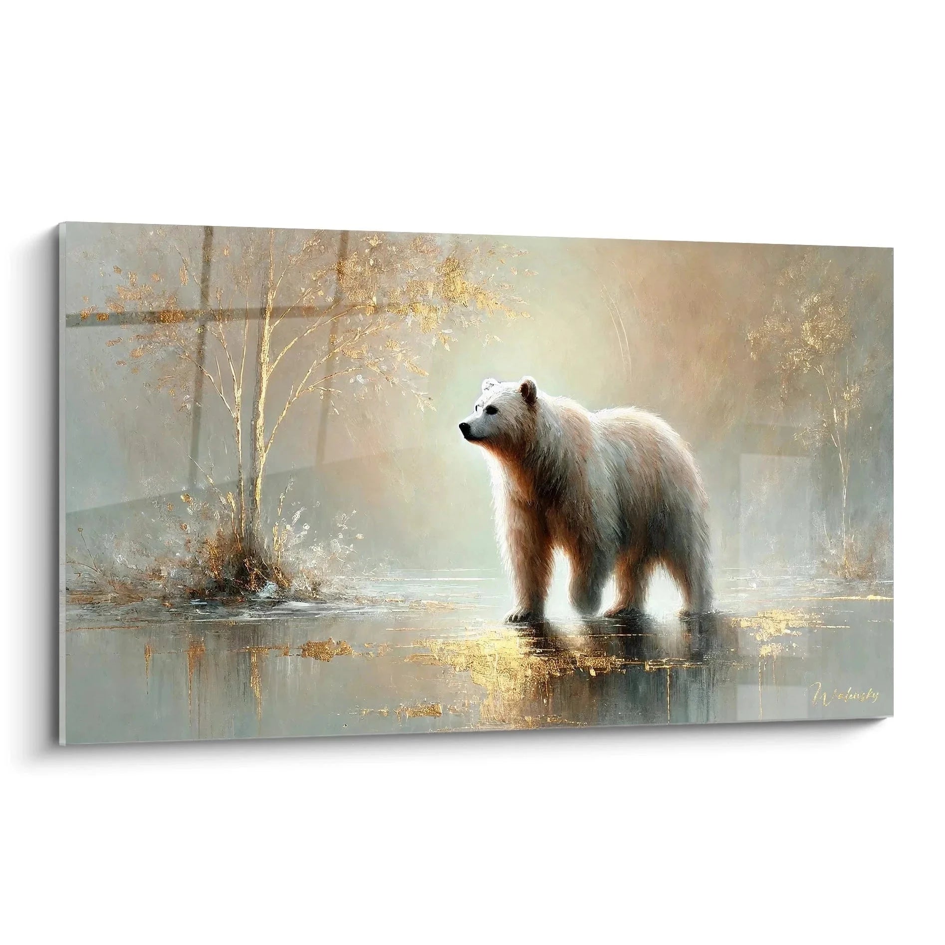 Wandbild Braunbär im Wasser mit goldenen Reflexionen - Edition Braunbär Kunstdruck XXL