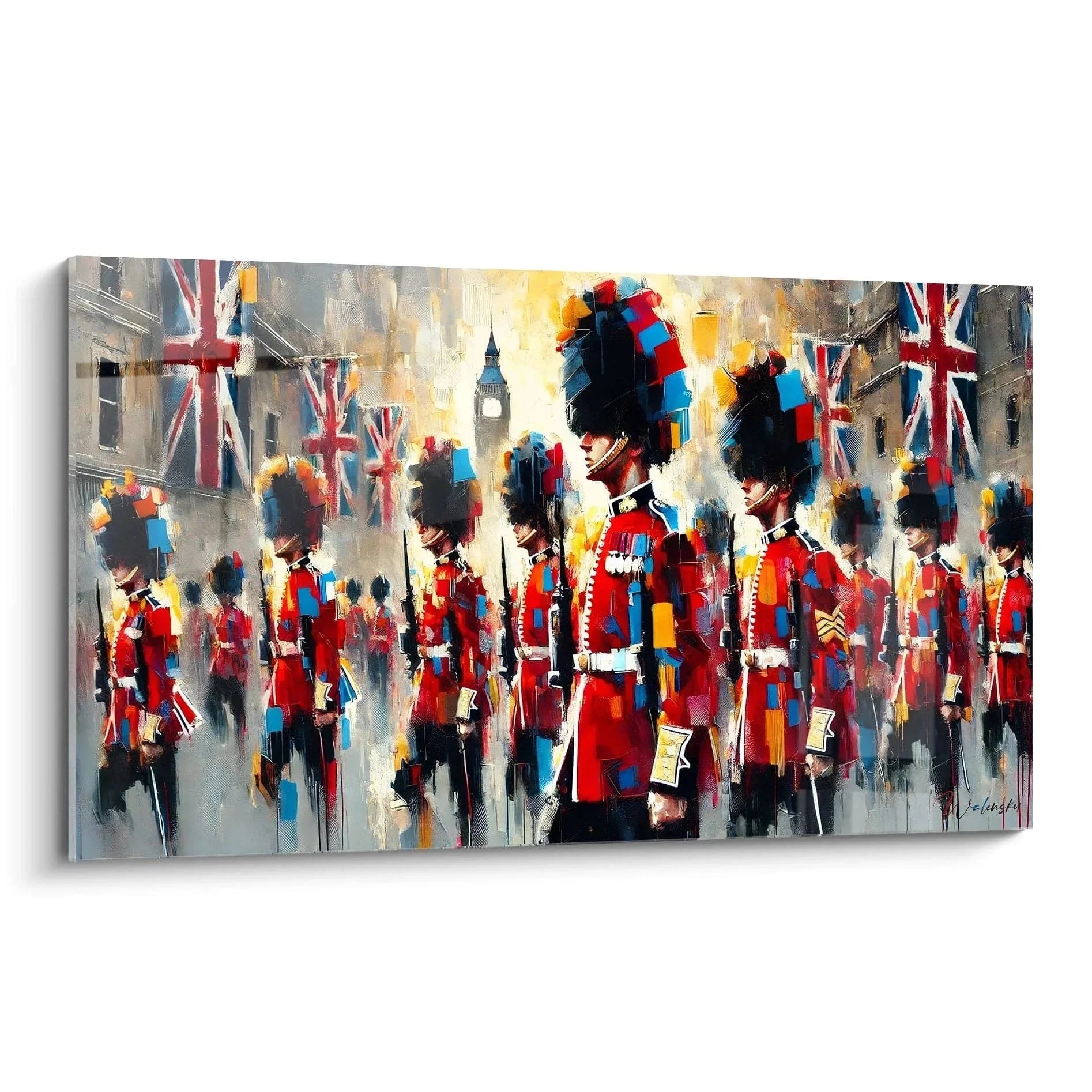 Wandbild Britische Garde London mit Royal Guards Parade und Big Ben in abstrakter Malerei