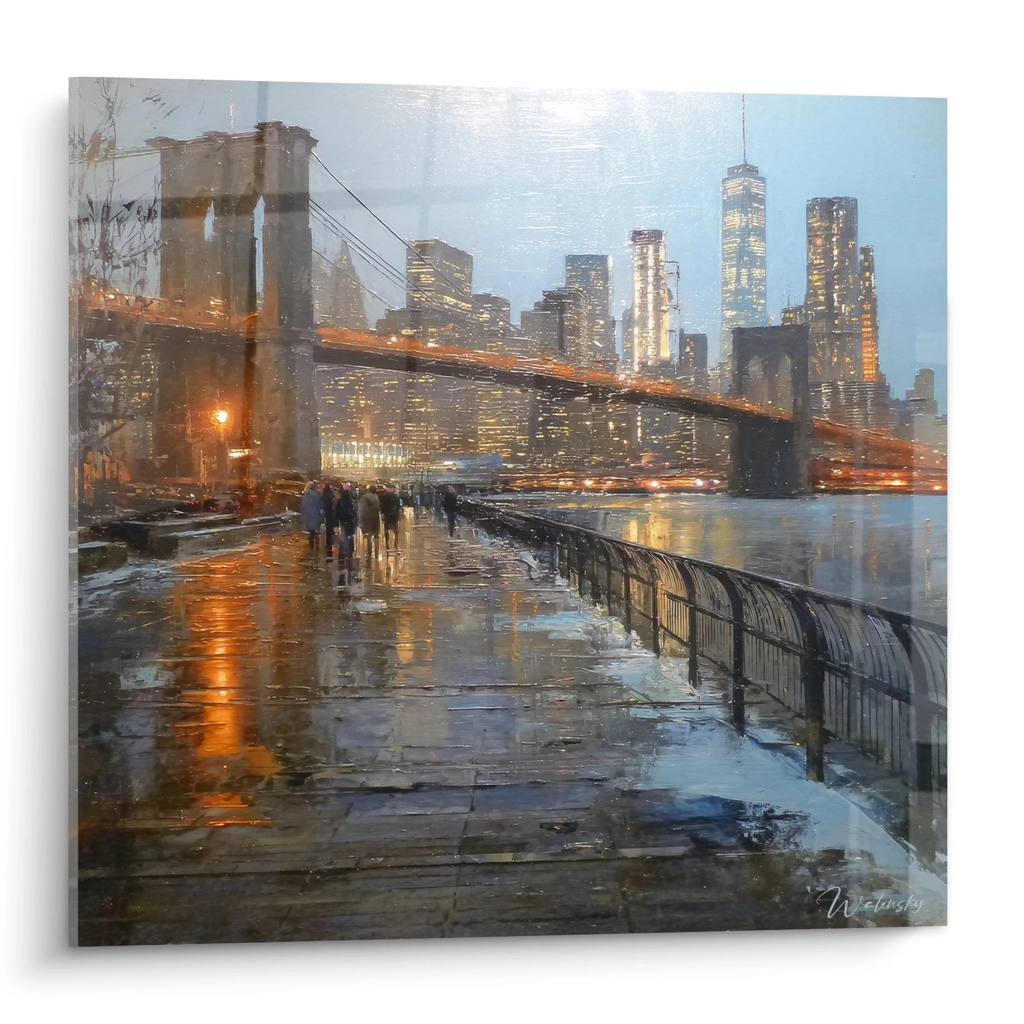Wandbild Brooklyn Bridge bei Regen mit Manhattan Skyline und romantischer Abendbeleuchtung