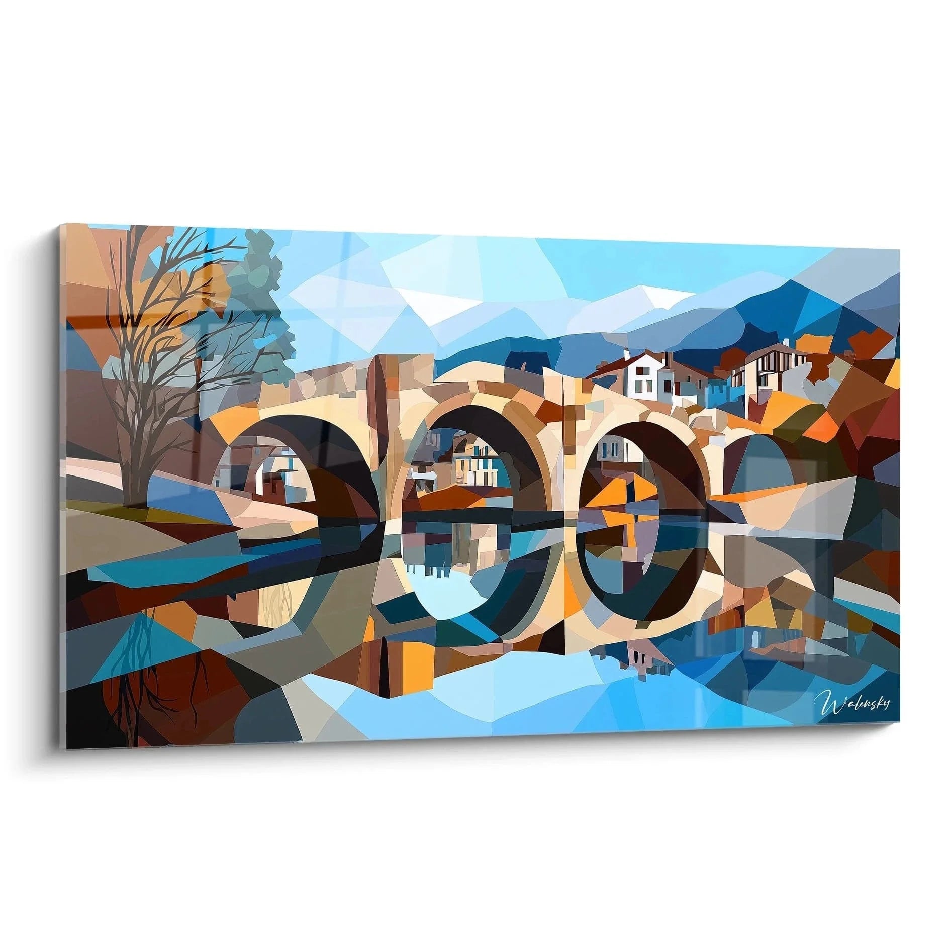 Wandbild Brückenlandschaft kubistisch abstrakt mit geometrischen Formen und Bergpanorama Edition Sisley