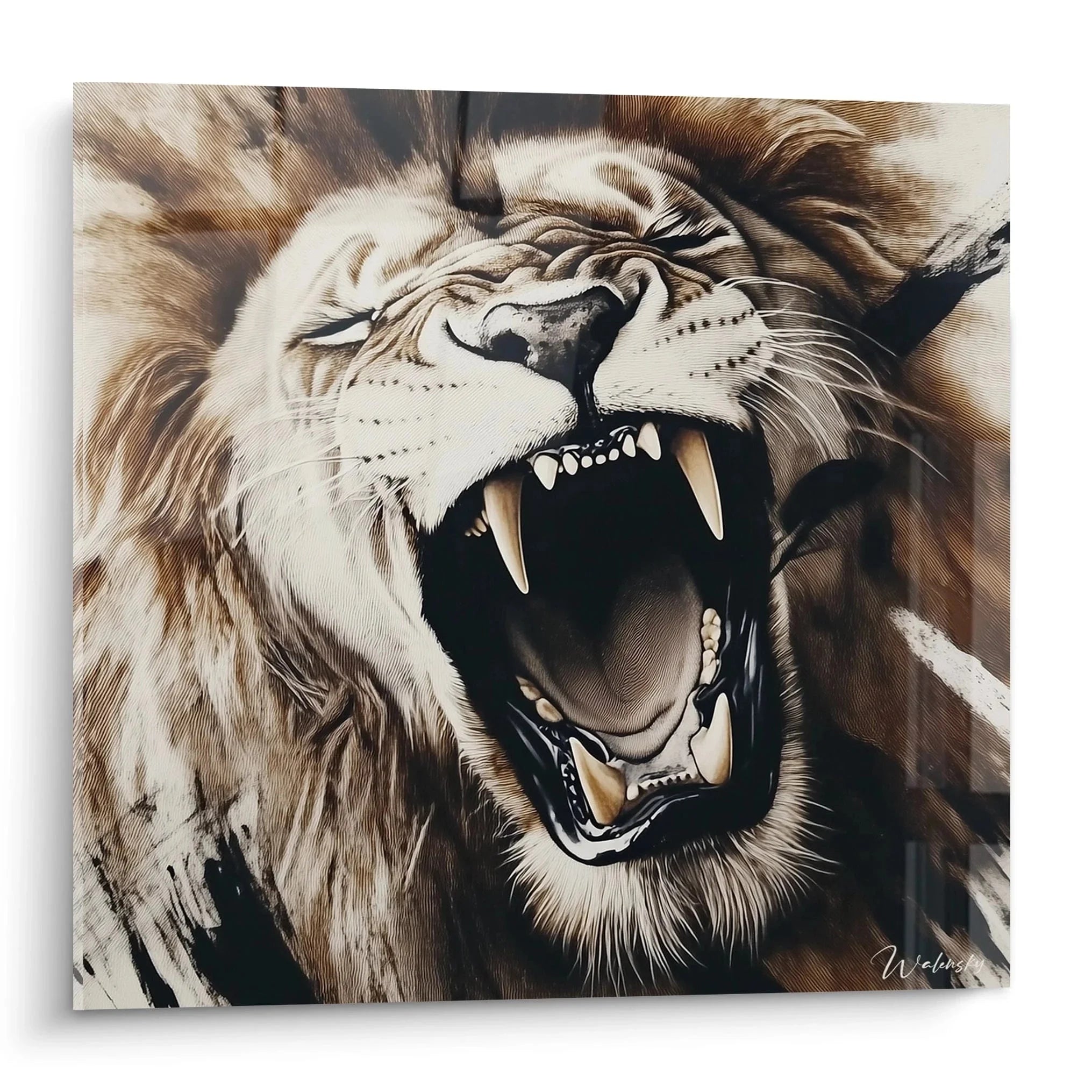 Wandbild brüllender Löwe mit geöffnetem Maul und imposanter Mähne in warmen Brauntönen - Edition Löwe