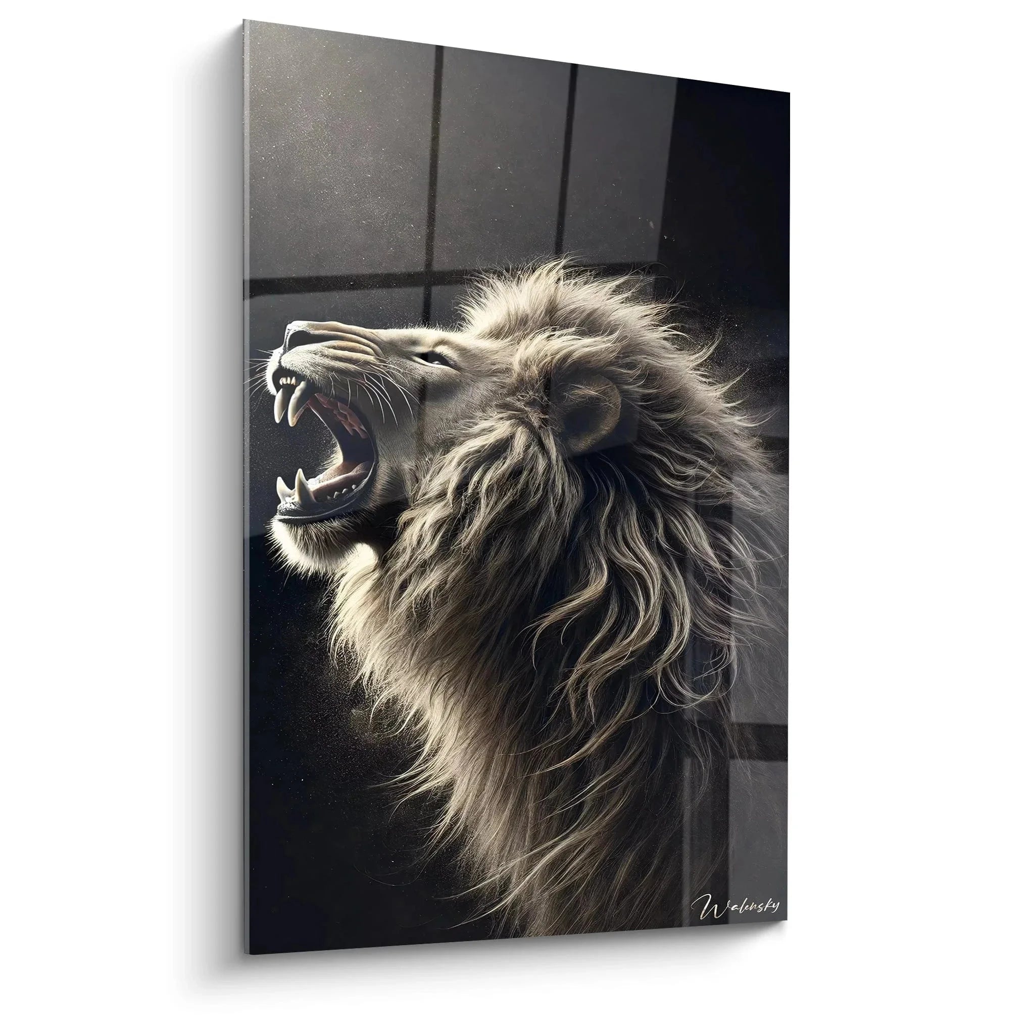 Wandbild brüllender Löwe mit imposanter Mähne in Schwarz-Weiß Darstellung