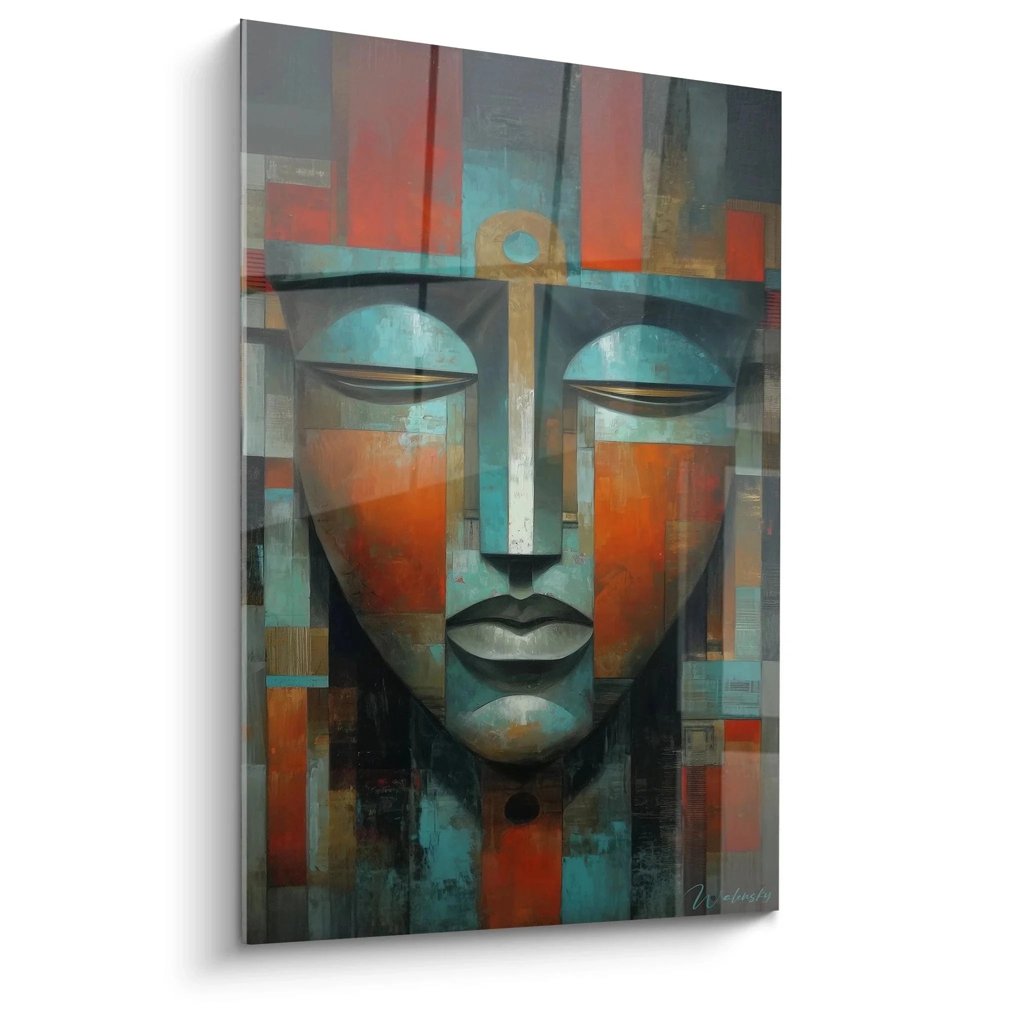 Spirituelles Wandbild Buddha abstrakt mit Ankh-Symbol in türkis und orange Farbtönen