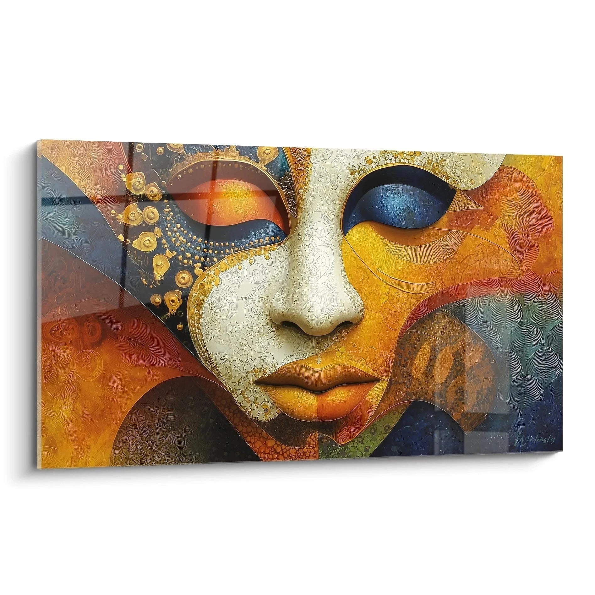 Spirituelles Wandbild Buddha Meditation mit goldenen Ornamenten und warmen Farbtönen XXL Format