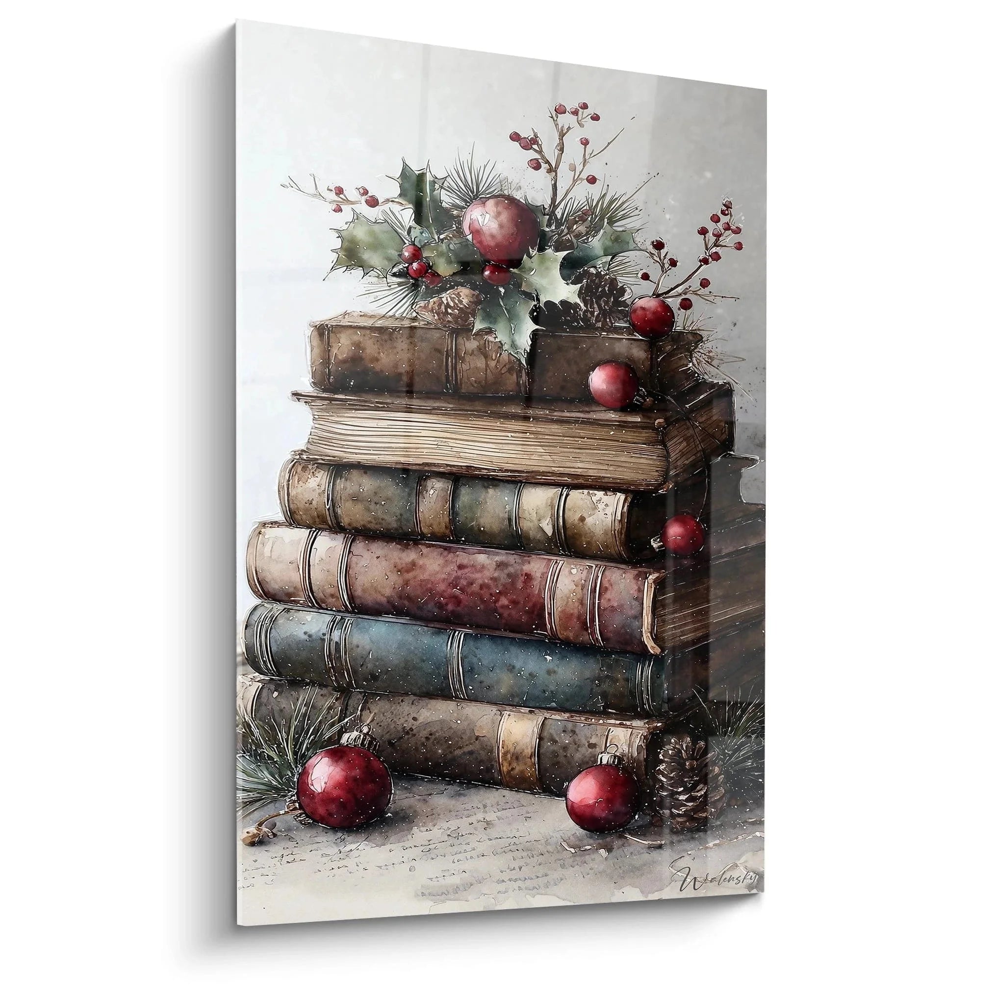 Wandbild Bücherstapel mit roten Weihnachtskugeln und Tannenzweigen - festliche Weihnachtsdekoration