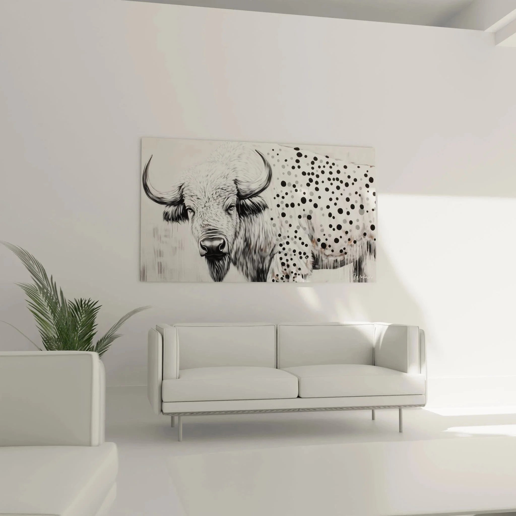 Detailansicht Wandbild Büffel Kopf - realistische schwarz-weiß Tierwandbilder