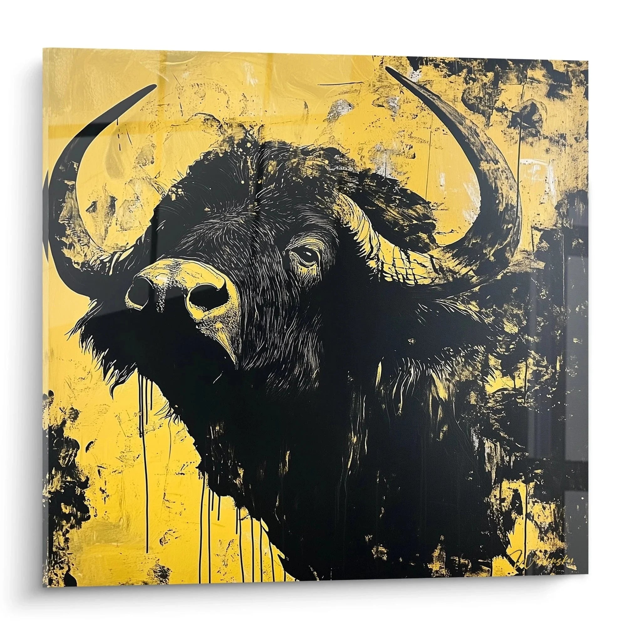 Wandbild Büffel golden - Modernes Stier Kunstwerk mit schwarzer Silhouette auf gelbem Hintergrund