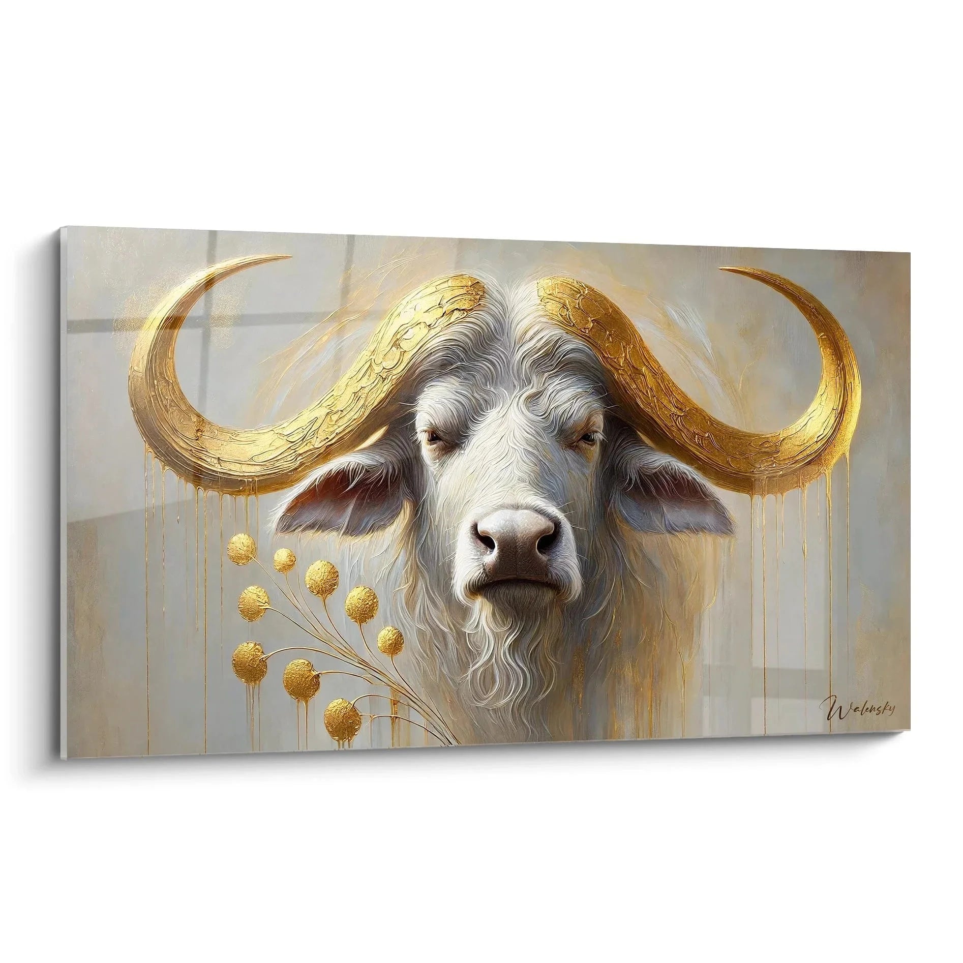 Wandbild Büffel mit goldenen Hörnern und Tropfen, moderne Tierkunst in Grau-Gold
