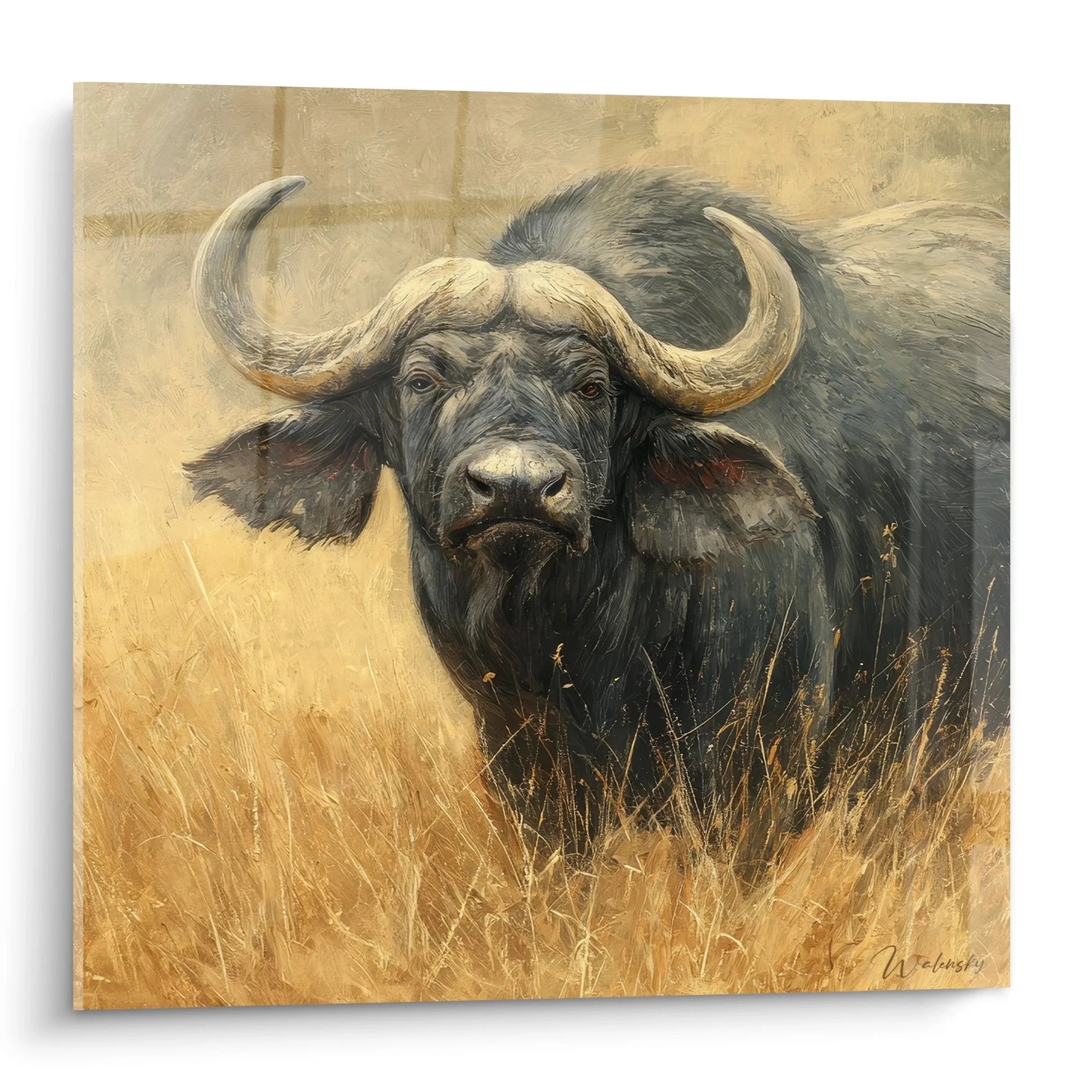 Wandbild majestätischer afrikanischer Büffel mit großen Hörnern im goldenen Savannengras