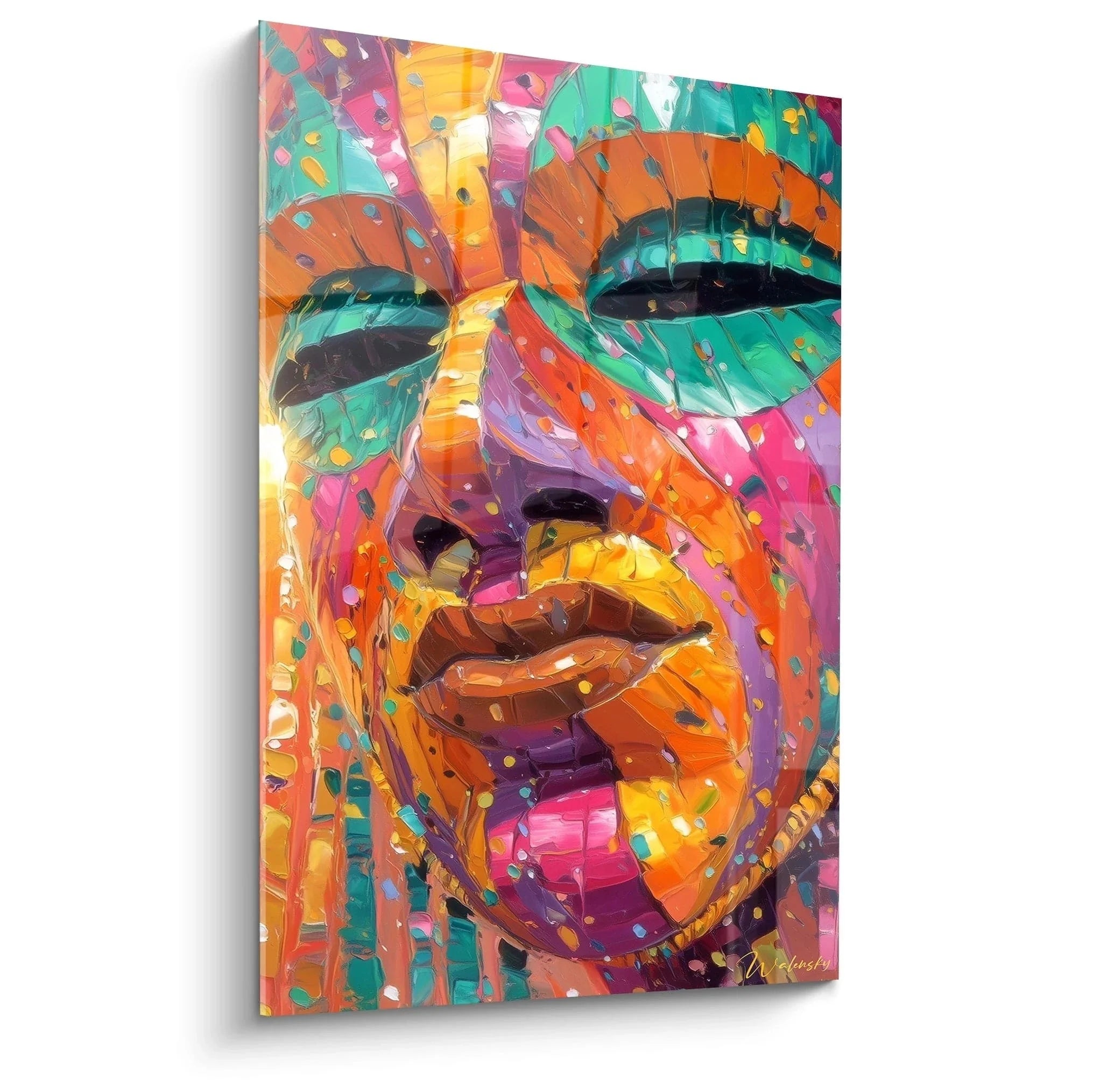 Wandbild bunte afrikanische Maske mit leuchtenden Farben orange grün pink violett moderne Wandkunst