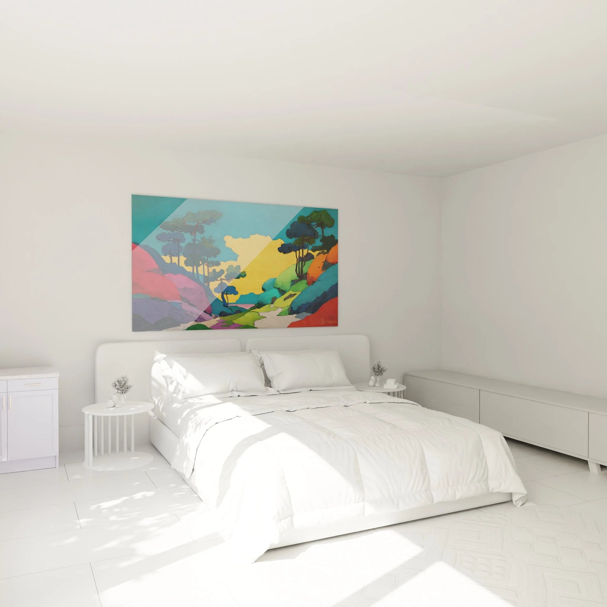 Wandbild bunte Berglandschaft im Schlafzimmer - farbenfrohe Wanddekoration mit Fantasielandschaft