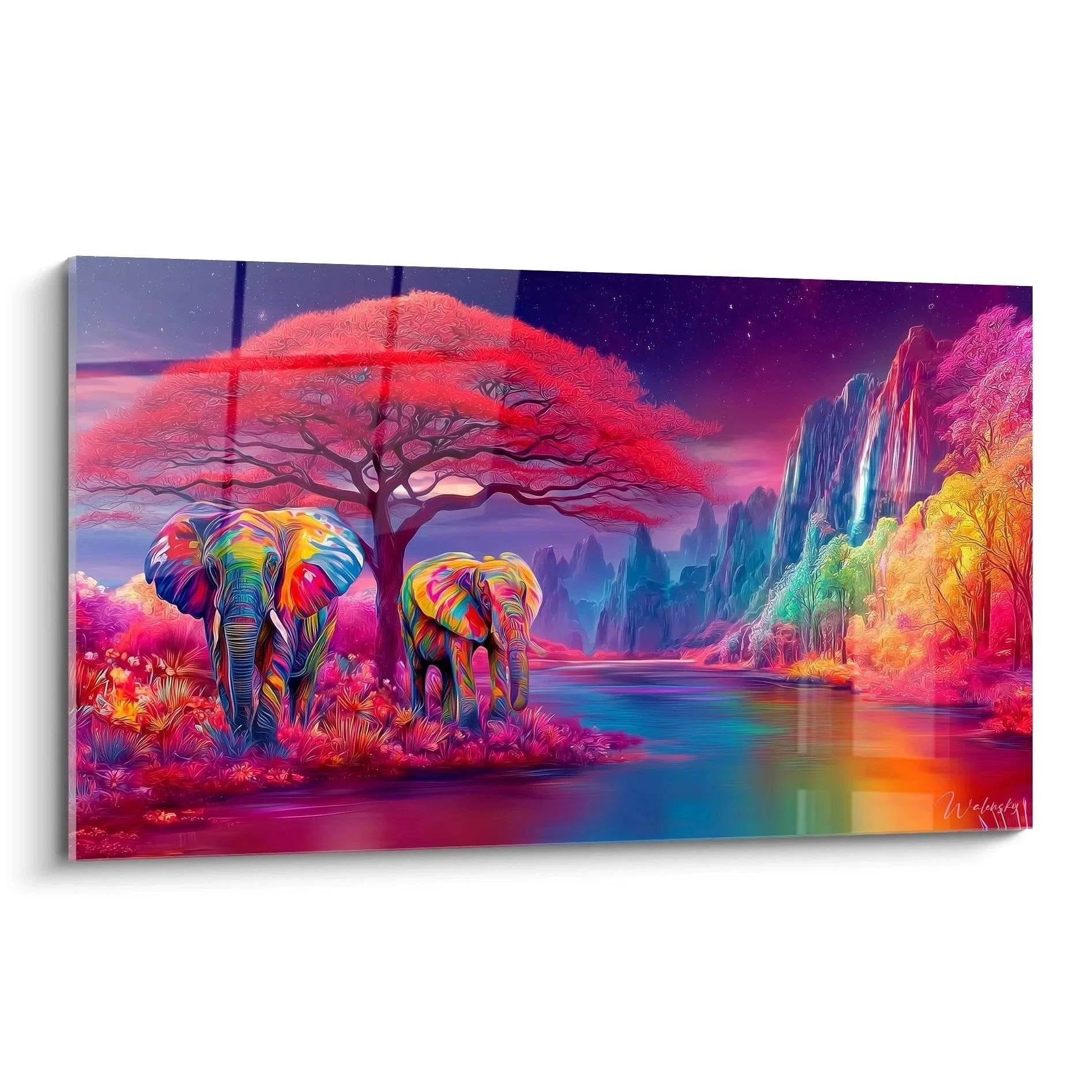 Wandbild bunte Elefanten in magischer afrikanischer Savanne mit Regenbogenfarben und Baobab Baum