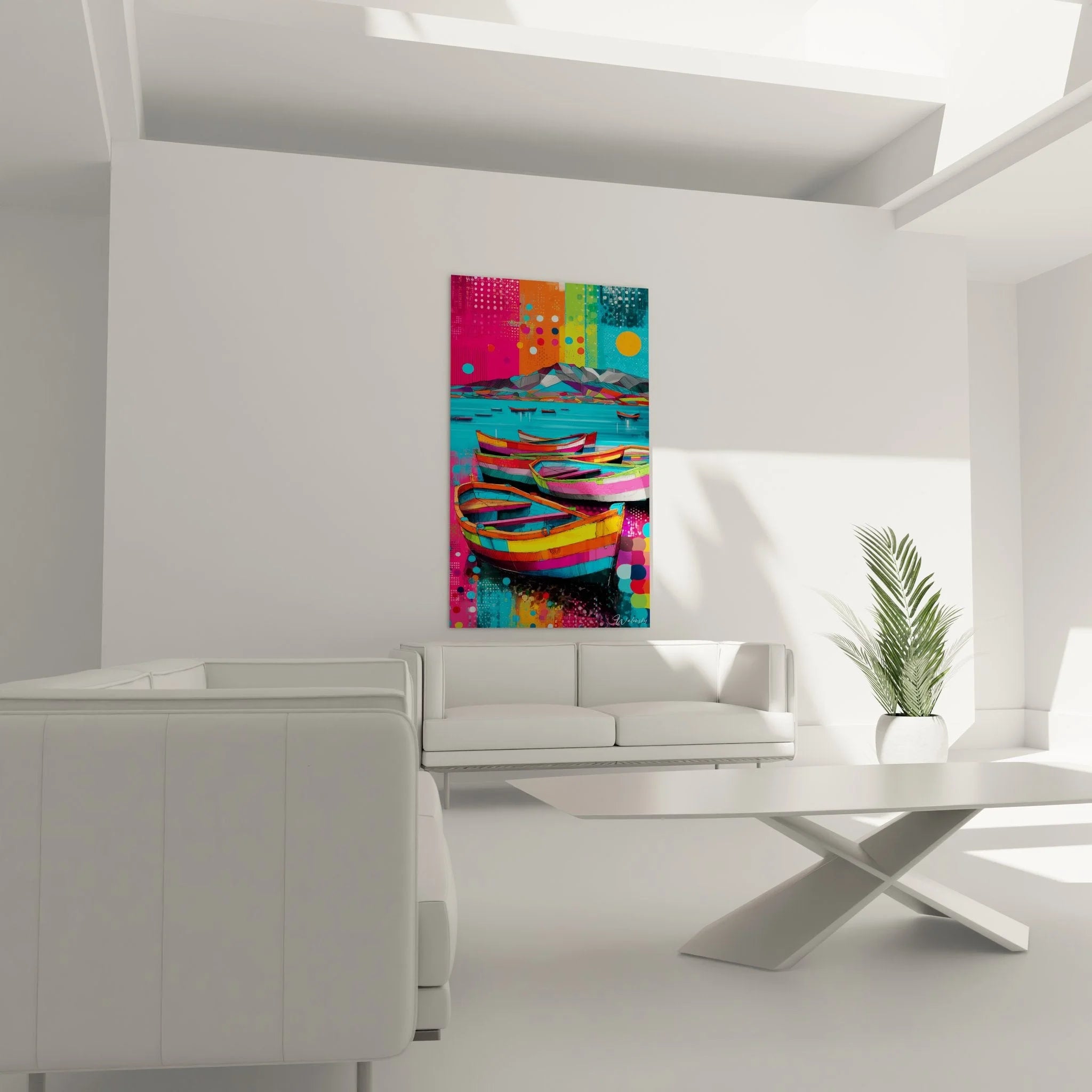 Nahaufnahme Wandbild bunte Fischerboote - Detailansicht der farbintensiven maritimen Kunstwerk