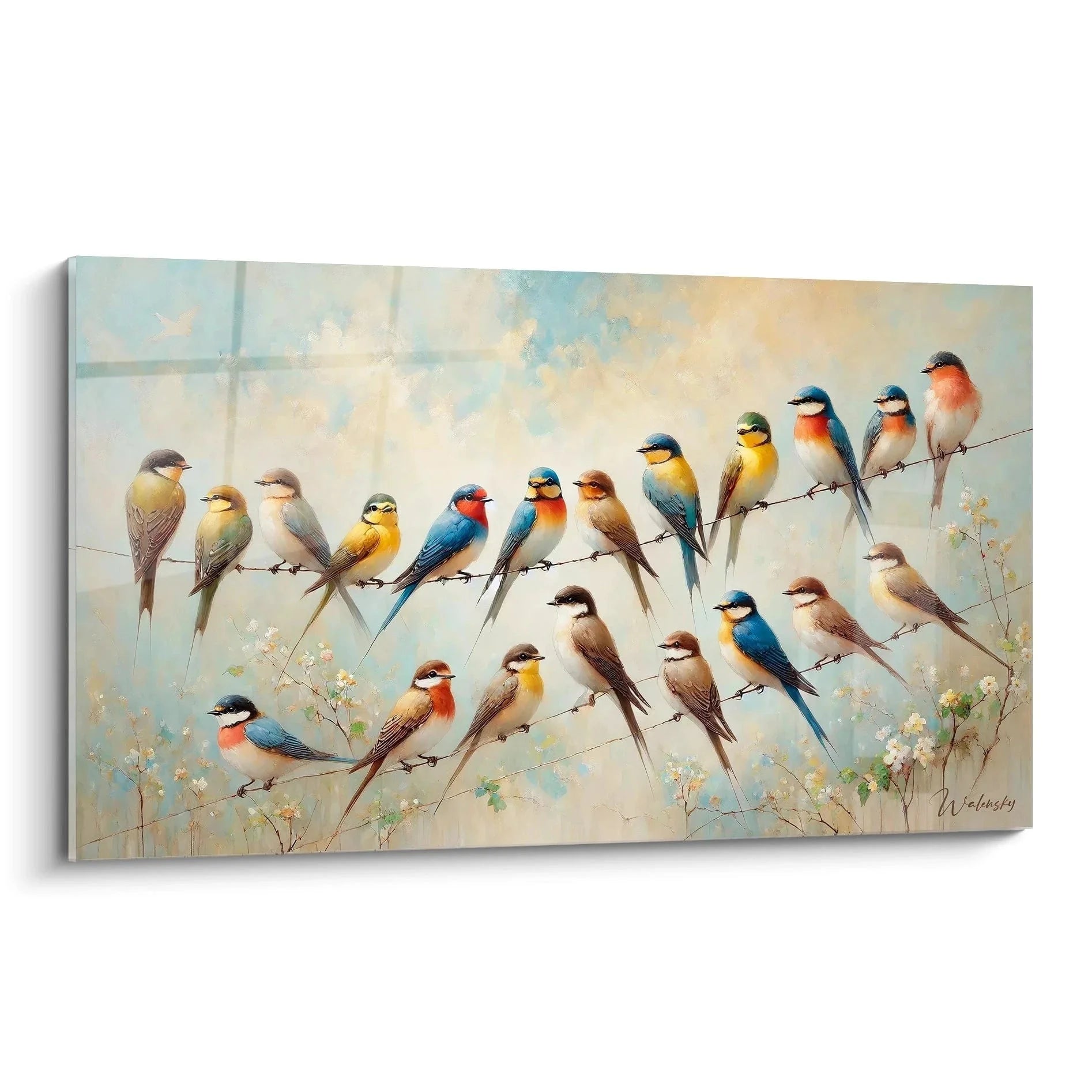 Wandbild bunte Vögel auf Draht - Vogelschar Kunstdruck mit verschiedenen Singvogelarten in harmonischen Farben