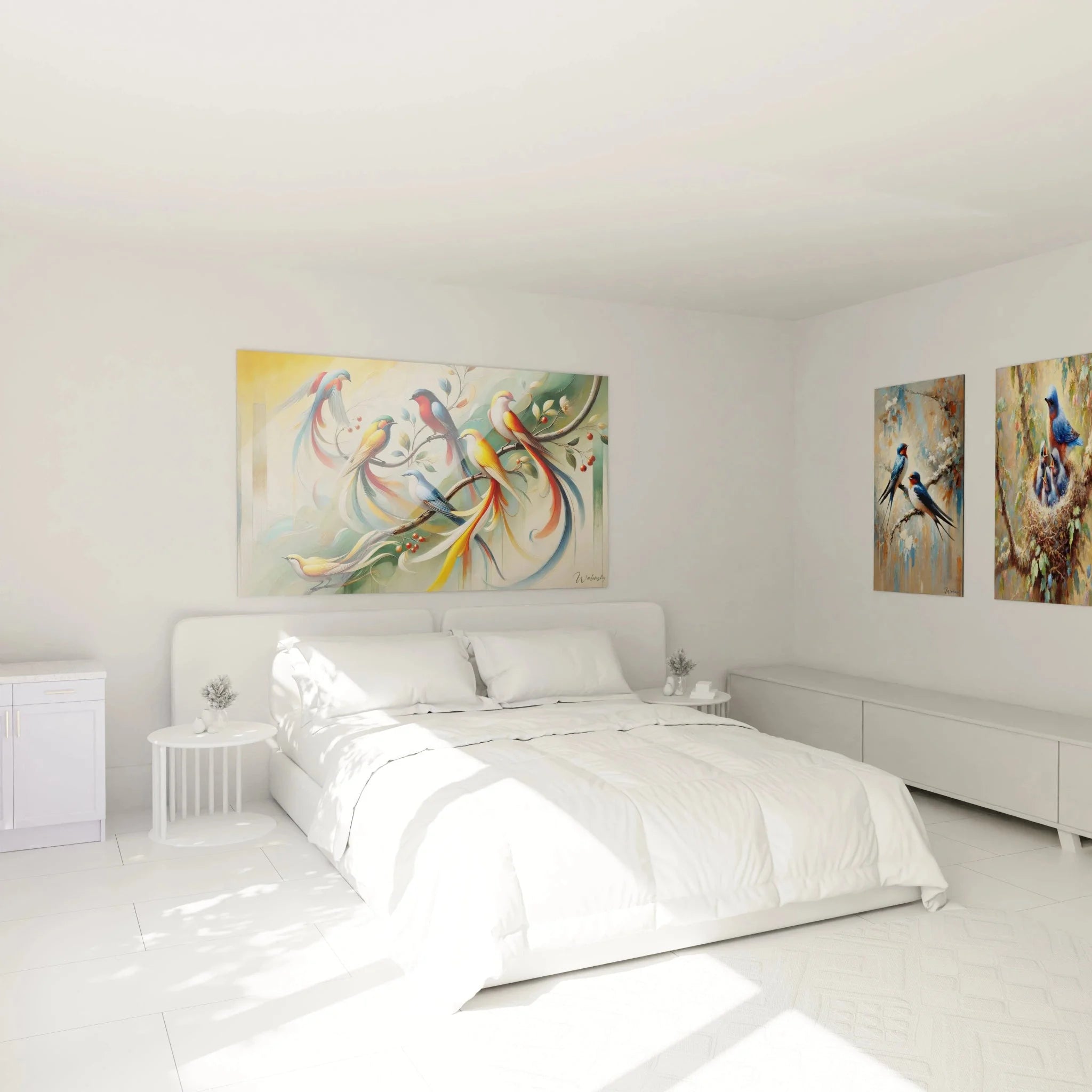 Modernes Schlafzimmer mit Wandbild bunte Vögel als stilvolle Wanddekoration über dem Bett