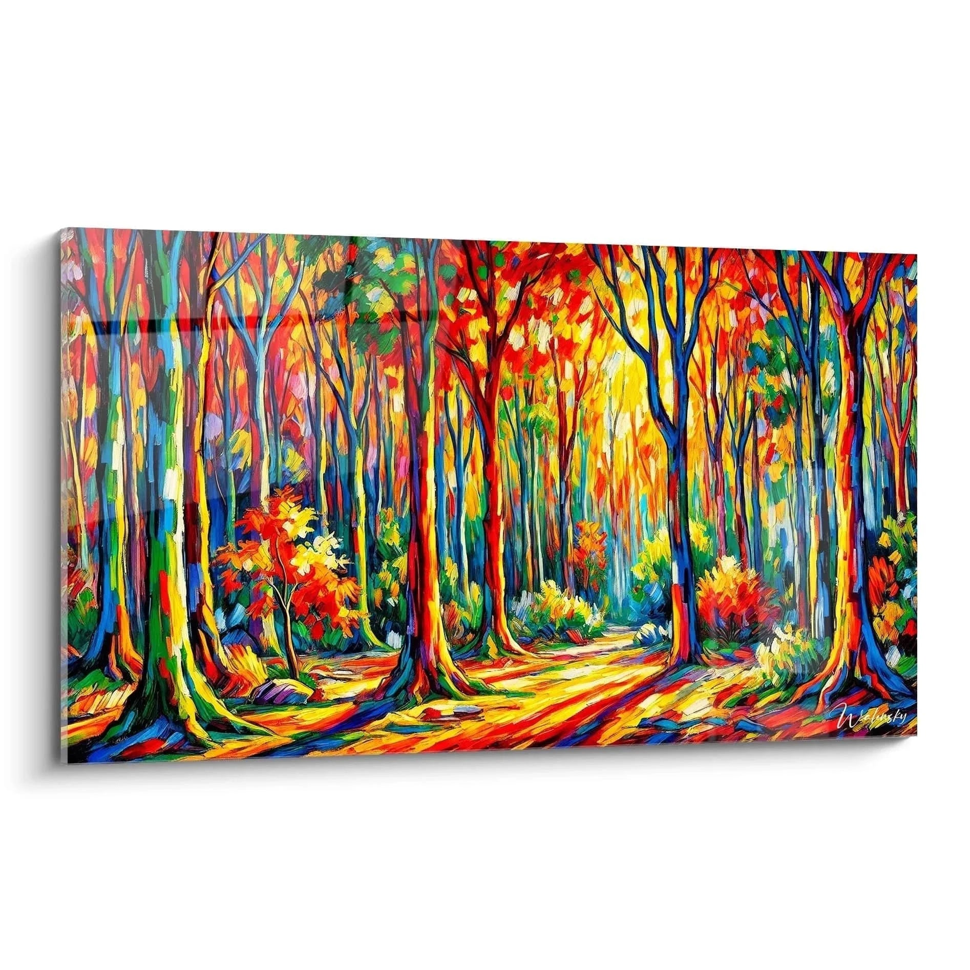 Wandbild bunter Herbstwald mit leuchtenden Farben und magischer Baumallee