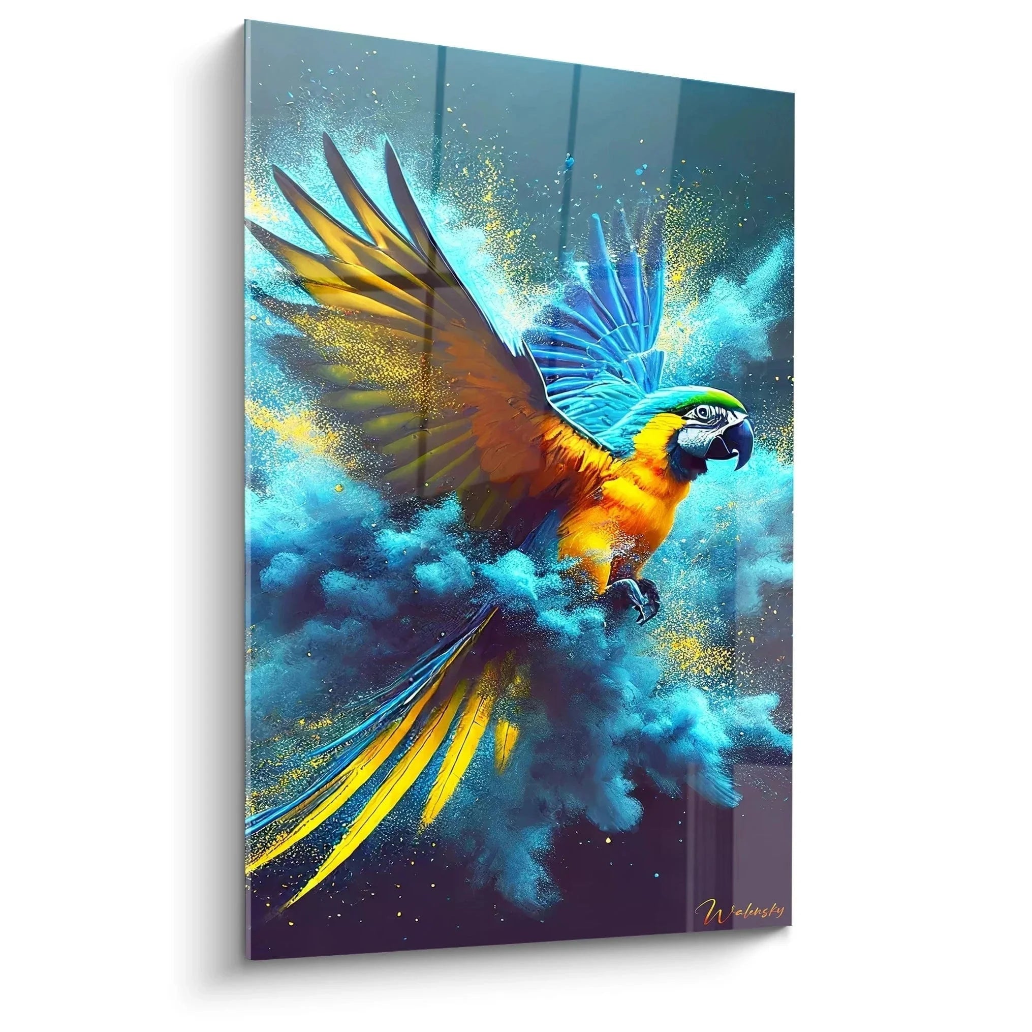 Wandbild bunter Papagei im kraftvollen Flug mit Farbexplosion - Edition Papagei Wanddekoration