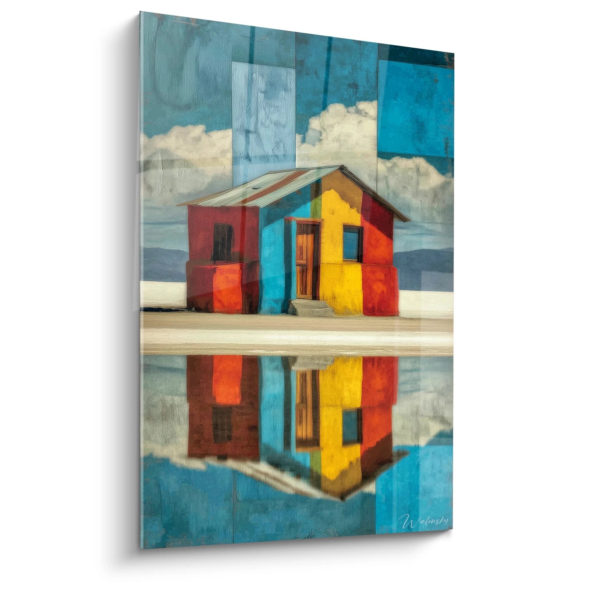 Wandbild buntes Wüstenhaus mit Spiegelung - leuchtende Farben in Rot Gelb Türkis - moderne Wüstenkunst