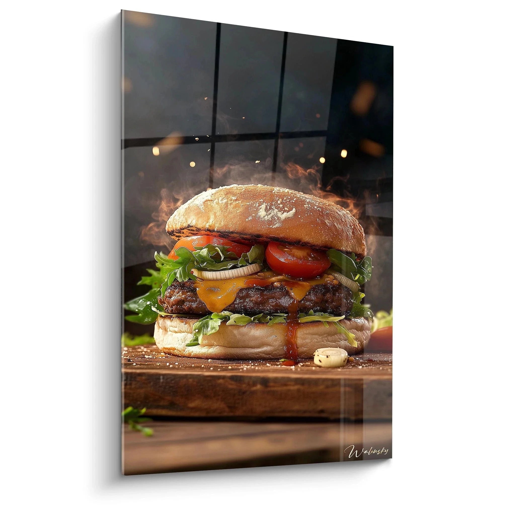 Wandbild Premium Hamburger gegrillt mit Rauch, Käse und frischen Zutaten auf Holzbrett