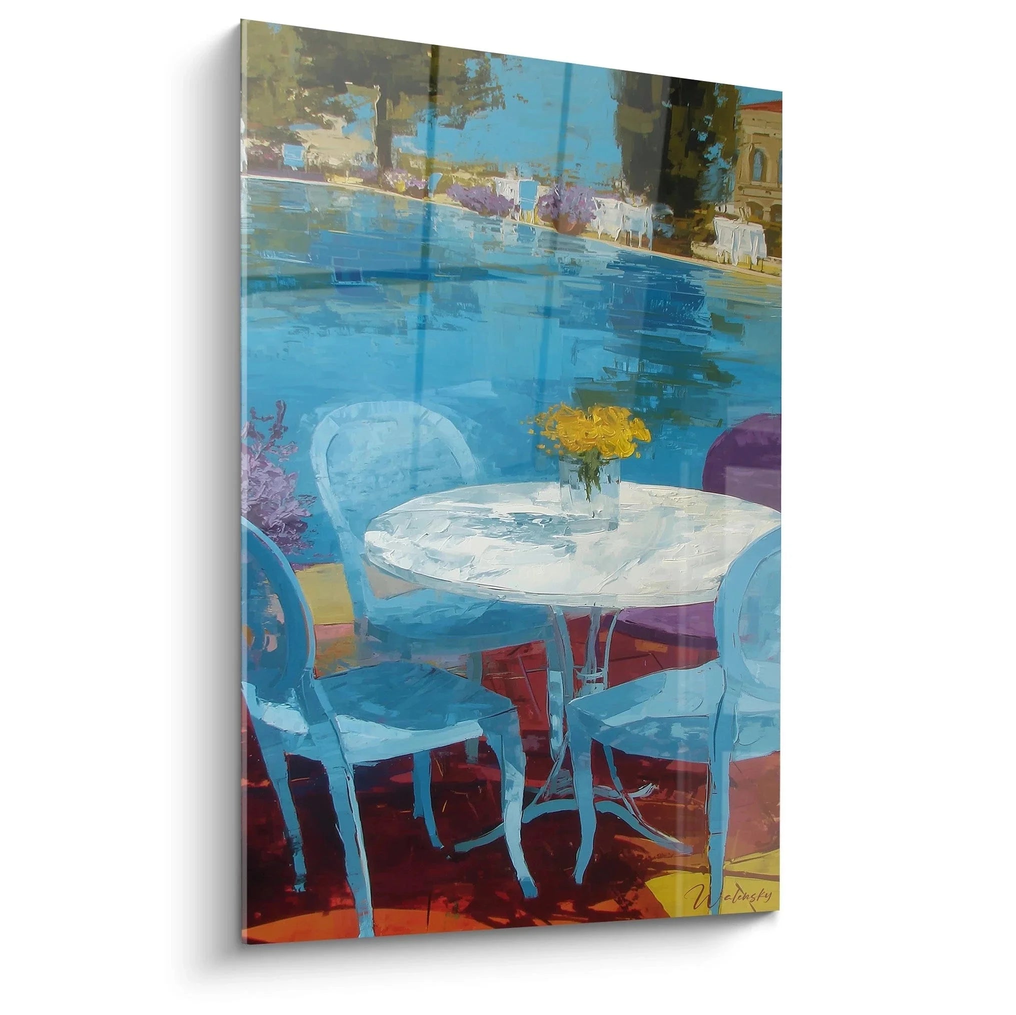 Wandbild Café mediterran mit weißen Bistromöbeln und Meerblick im Impressionismus Stil