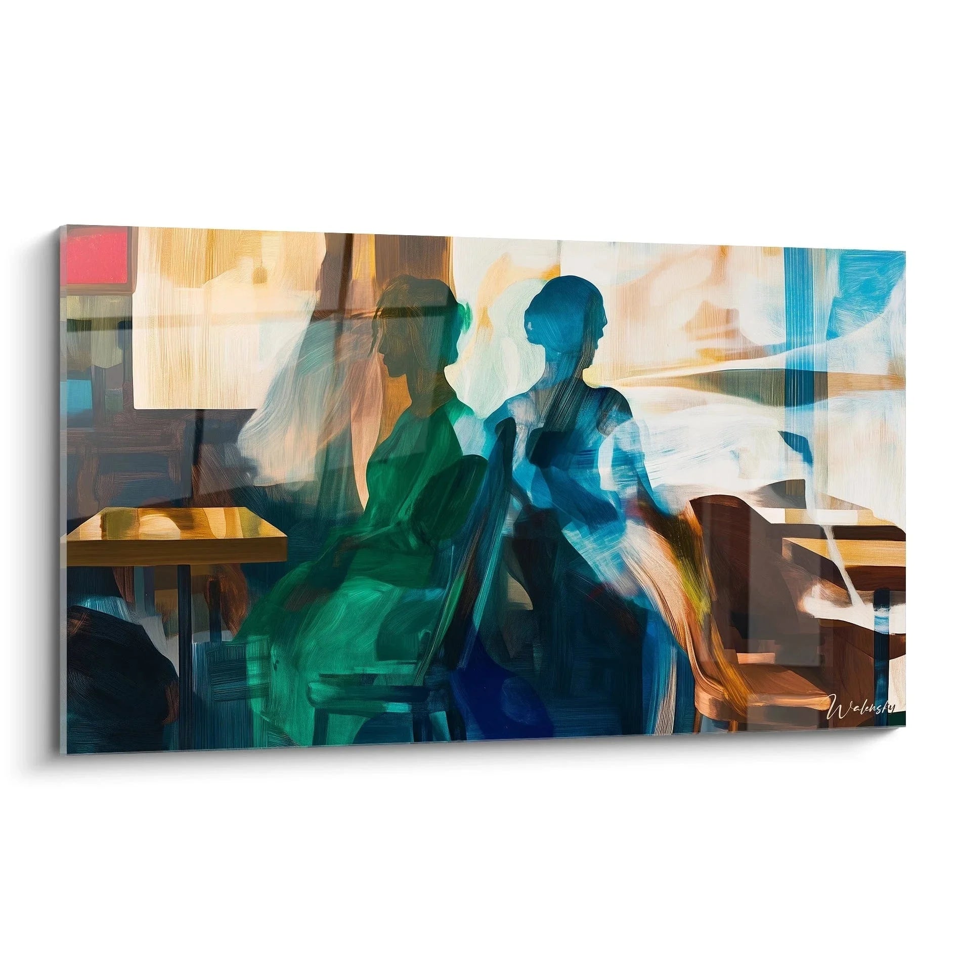 Wandbild Café Szene Edward Hopper Stil mit zwei Personen in Grün und Blau am Tisch