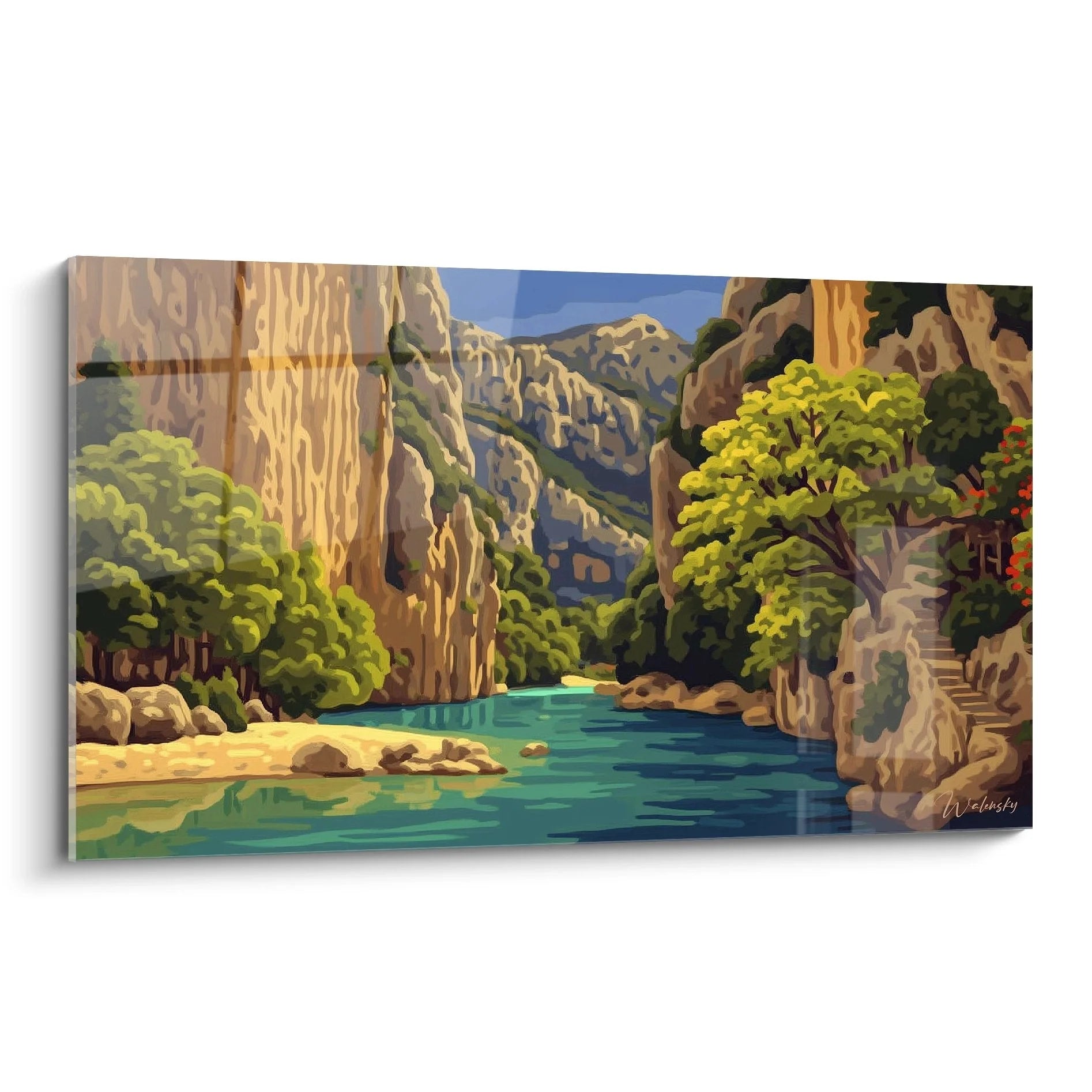 Wandbild Canyon Oase mit türkisfarbenem Wasser zwischen hohen Felswänden und grüner Vegetation