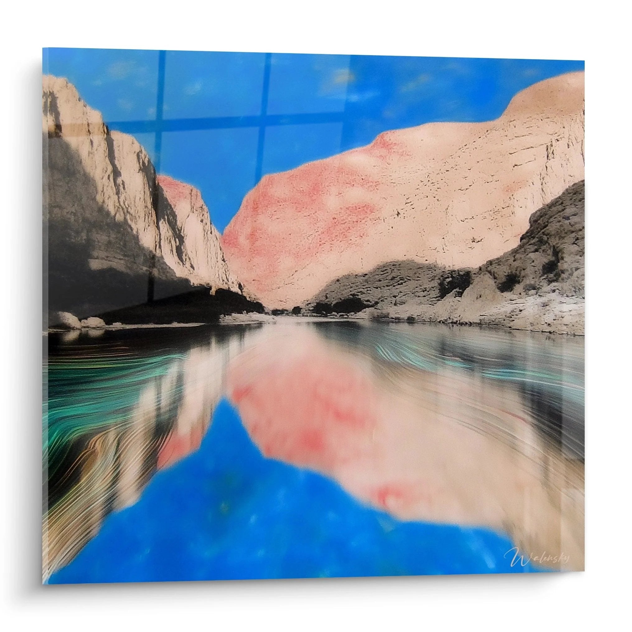 Wandbild Canyon mit türkisblauem Wasser zwischen majestätischen Sandsteinfelsen und dramatischen Reflexionen