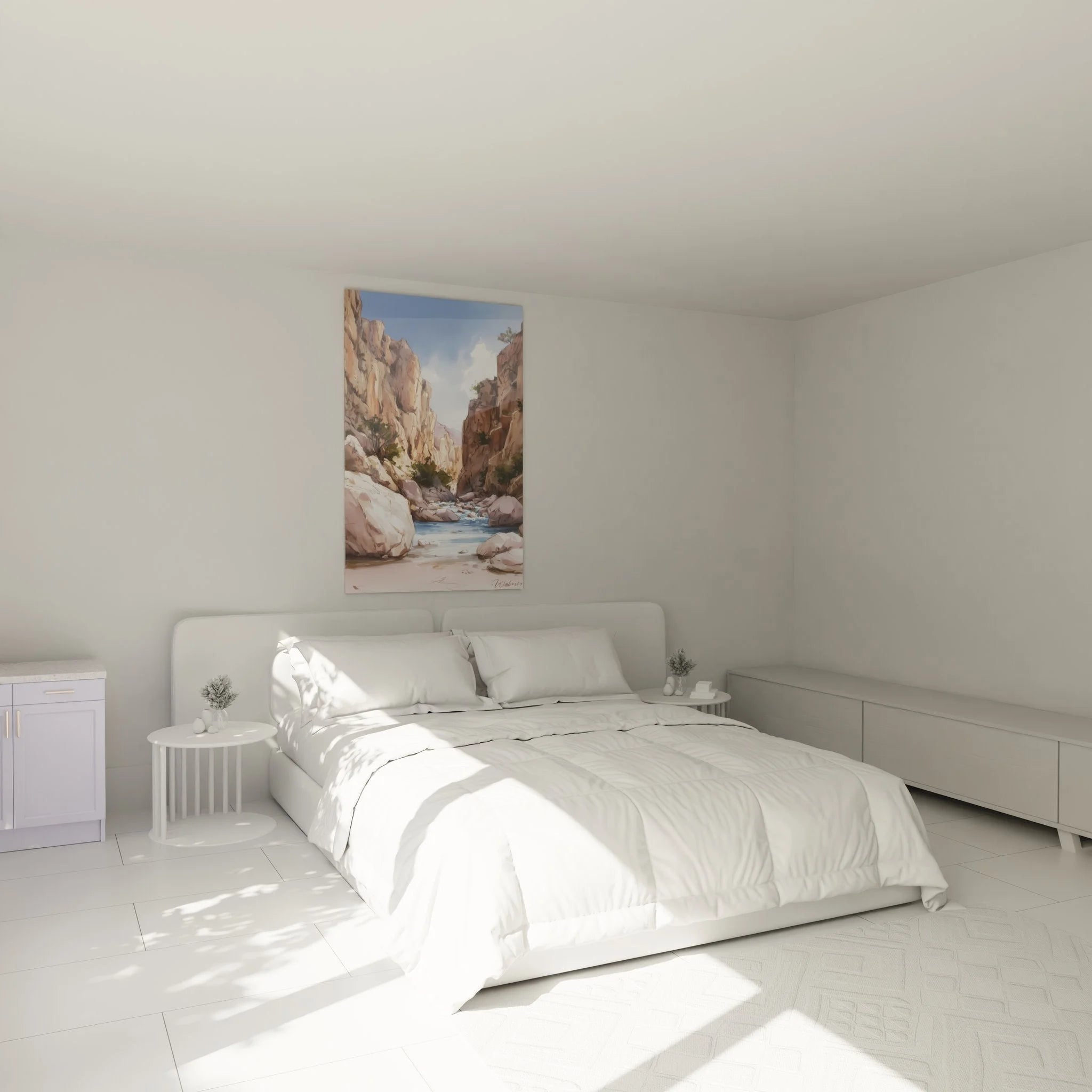Wandbild Canyon in modernem Schlafzimmer mit Bergfluss-Motiv an der Wand