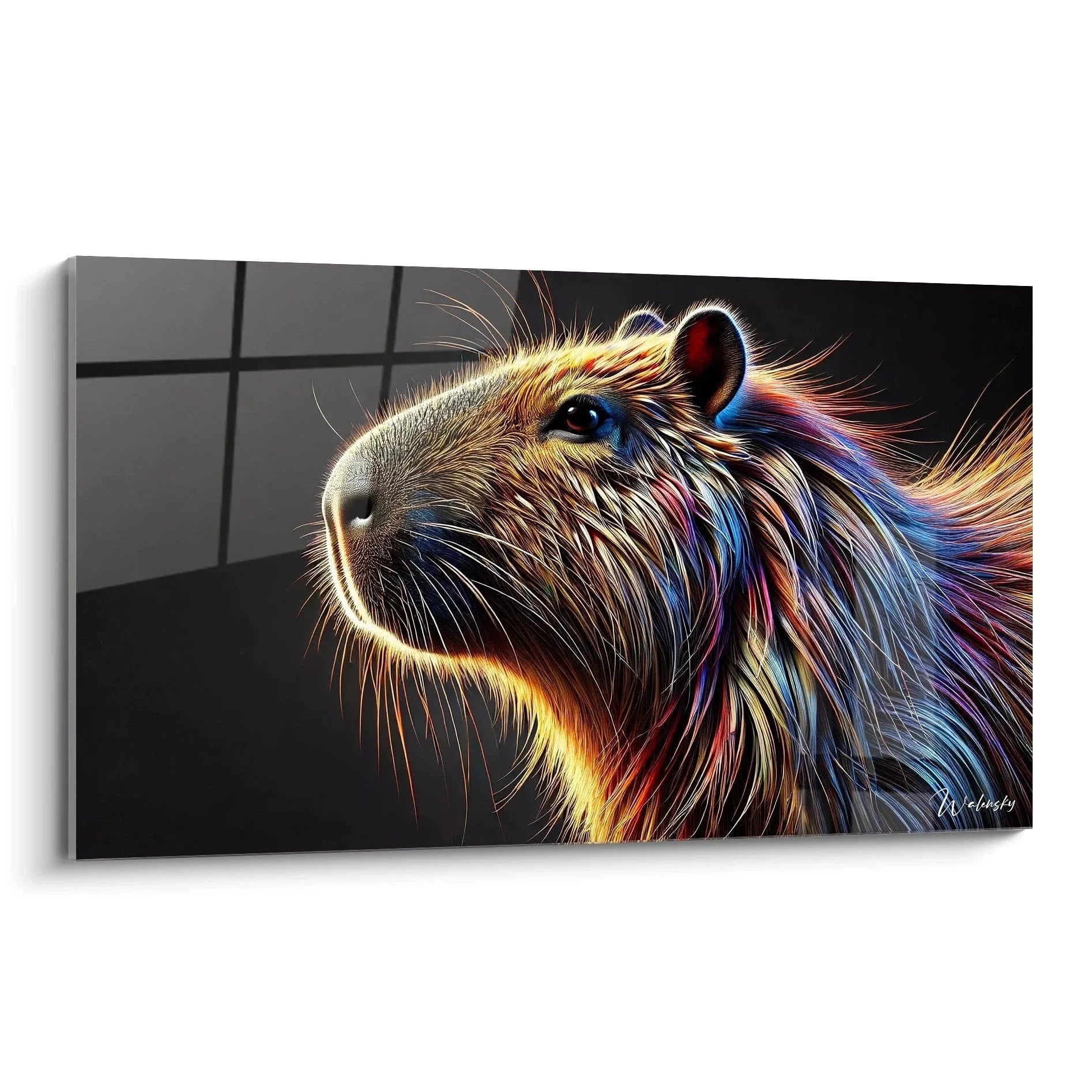 Wandbild Capybara Portrait in Regenbogenfarben mit mystischen schimmernden Fellstrukturen auf dunklem Hintergrund