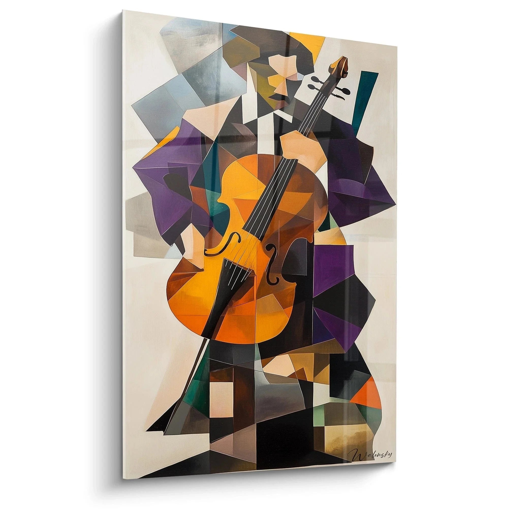 Wandbild Cellist kubistische Darstellung Marc Chagall Stil orange Cello geometrische Formen
